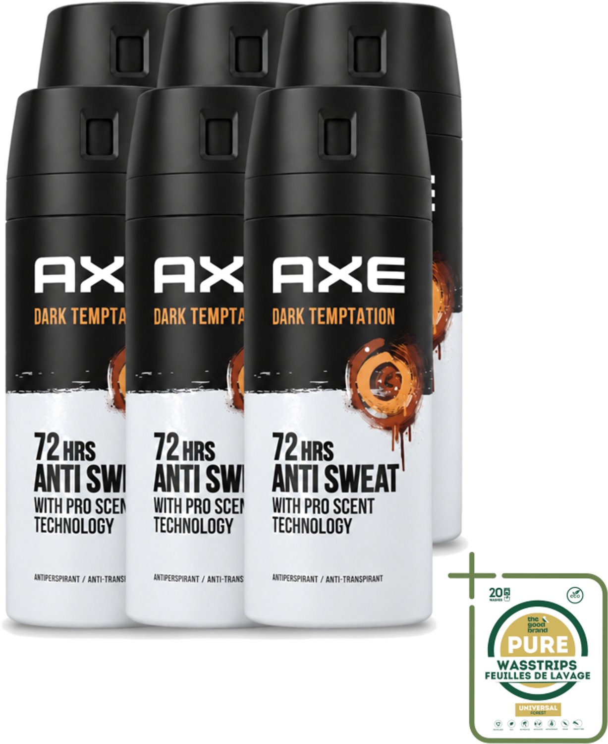 6 x Axe - Deodorant Spray - 72hrs Anti Sweat - Dark Temptation - 150 ml - Wasstrips - Anti-sweat Spray - 72 Uur Bescherming - Zweetvoorkomend - Geur Chocolade - Kruiden Geur