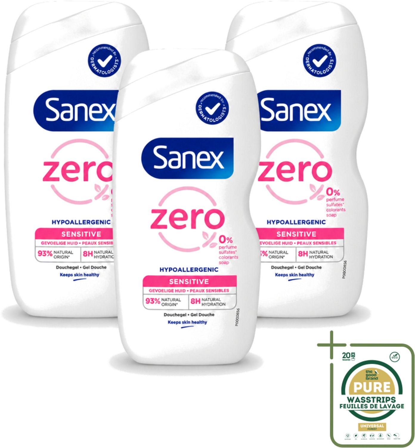 3 x Sanex Zero% - Douchegel - Gevoelige Huid - 0% Parfumsulfaten - Hypoallergeen - 400 ml - Wasstrips - Gevoelige Huid - Hypoallergene Douchegel - 0% Parfum - 0% Sulfaten - Milde Reiniging