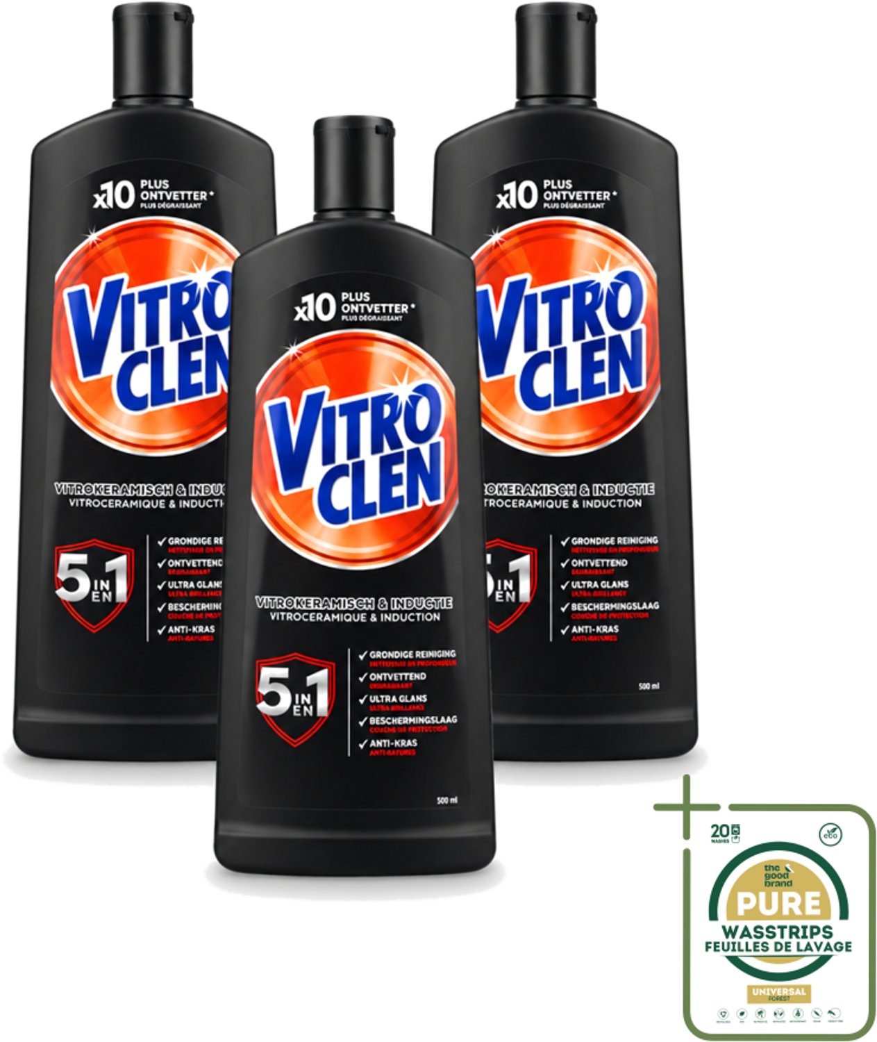 3 x Vitroclen - Kookplaatreiniger - Keramisch & Inductie - 5 in 1 - 500 ml - Wasstrips - Keramische Kookplaat Reinigen - Inductiekookplaat Reinigen - Kookplaat Reiniger - Kookplaat Beschermen - Vlekken Verwijderen