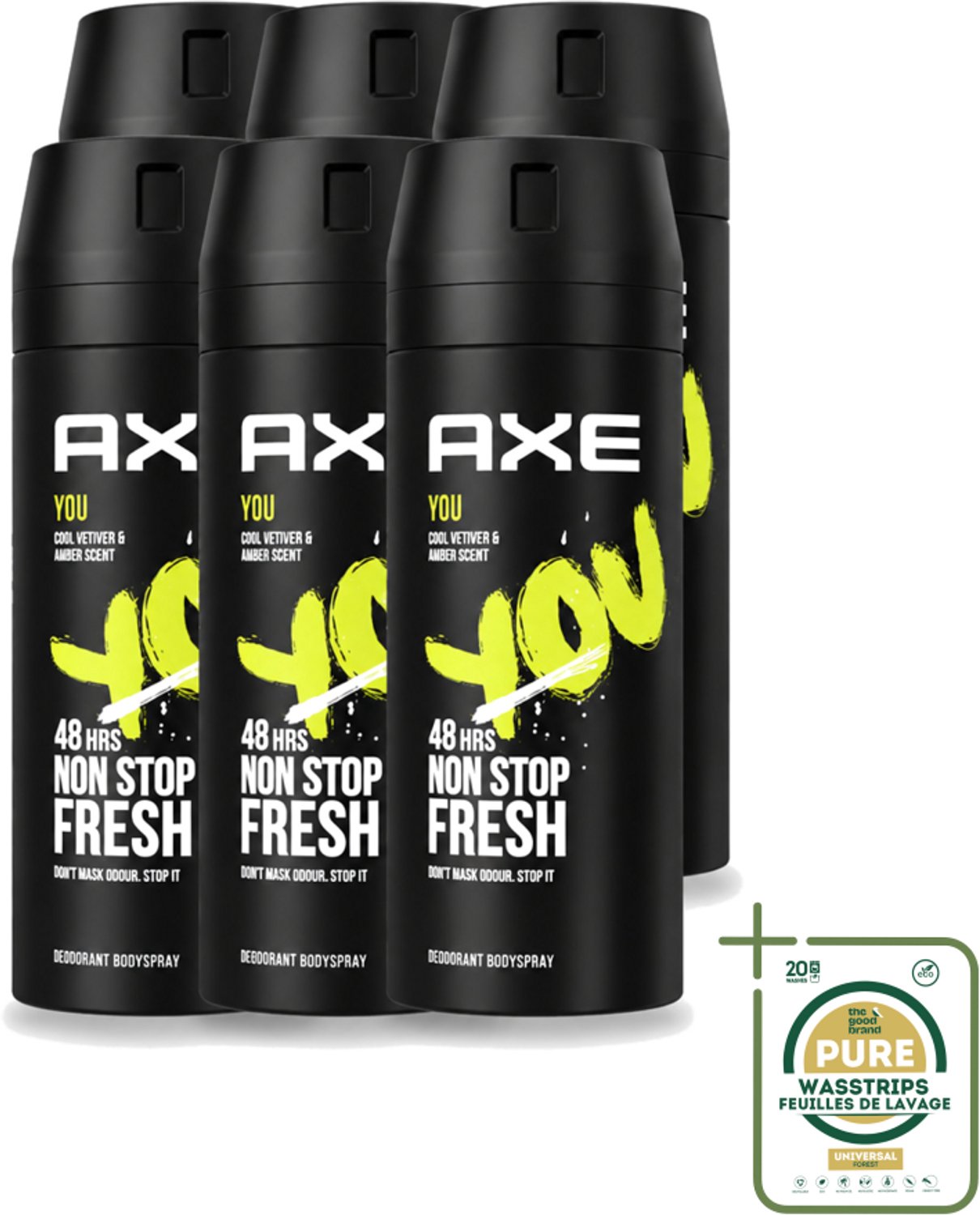 6 x Axe - Deodorant Bodyspray - 48hrs Fresh - You - Cool Vetiver & Amber - 150 ml - Wasstrips - 48 Uur Bescherming - Deodorant Sprayer - Geur Van Amber - Geur Van Vanille - Geur Van Zwarte Peper