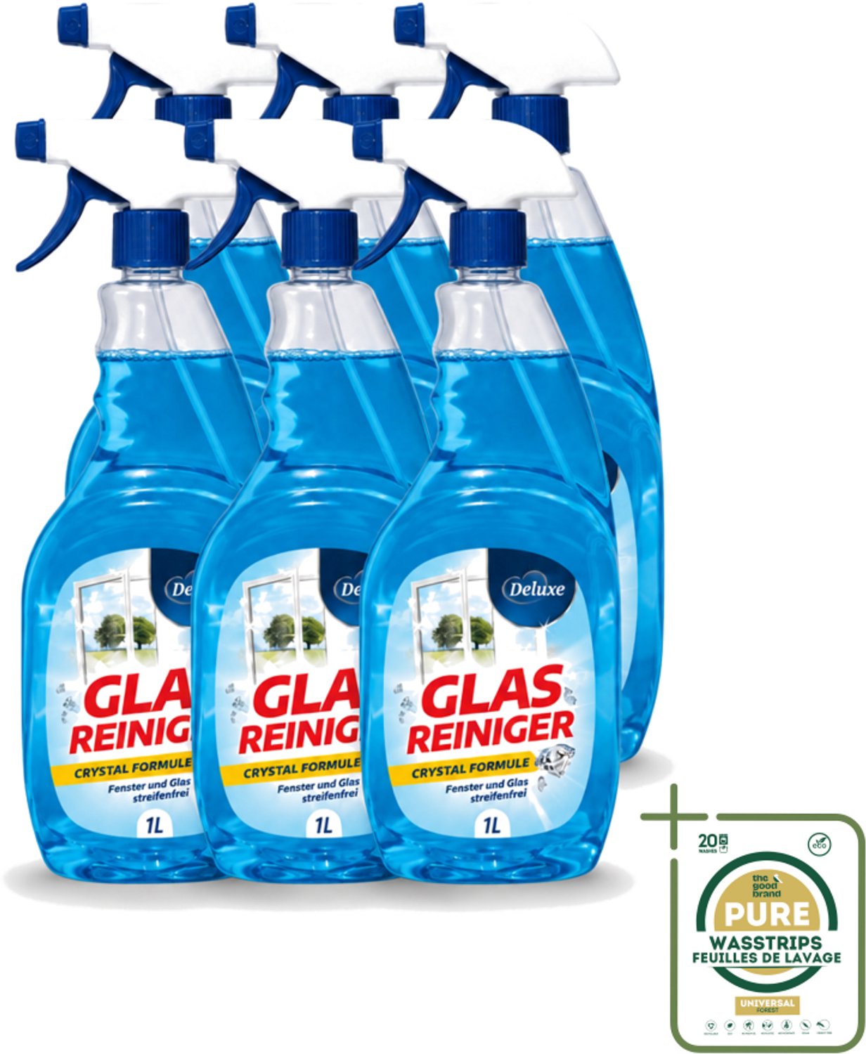 6 x Deluxe - Glasreiniger - Crystal Formule - Streeploze Glans - 1L - Wasstrips - Streeploze Glans - Glas Reiniger - Glas Reinigen - Glas Helderheid - Glas Reiniger Crystal Formule