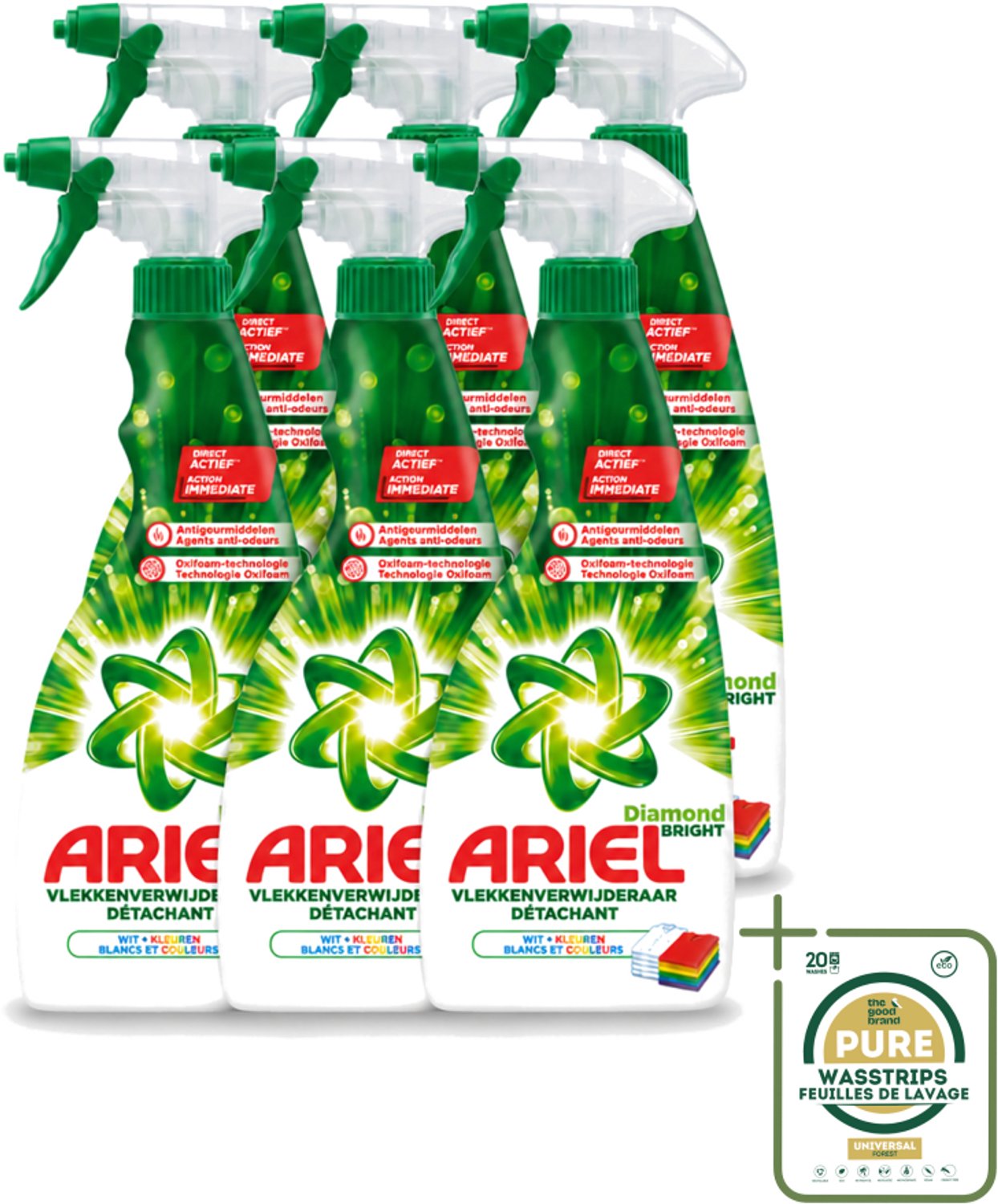 6 x Ariel Diamond Bright - Vloeibare Vlekverwijderaar - Witte en Gekleurde Was - 30 Wasbeurten - Wasstrips - Vlekverwijderaar - Wasbeurt - Witte Was - Gekleurde Was - Koud Water