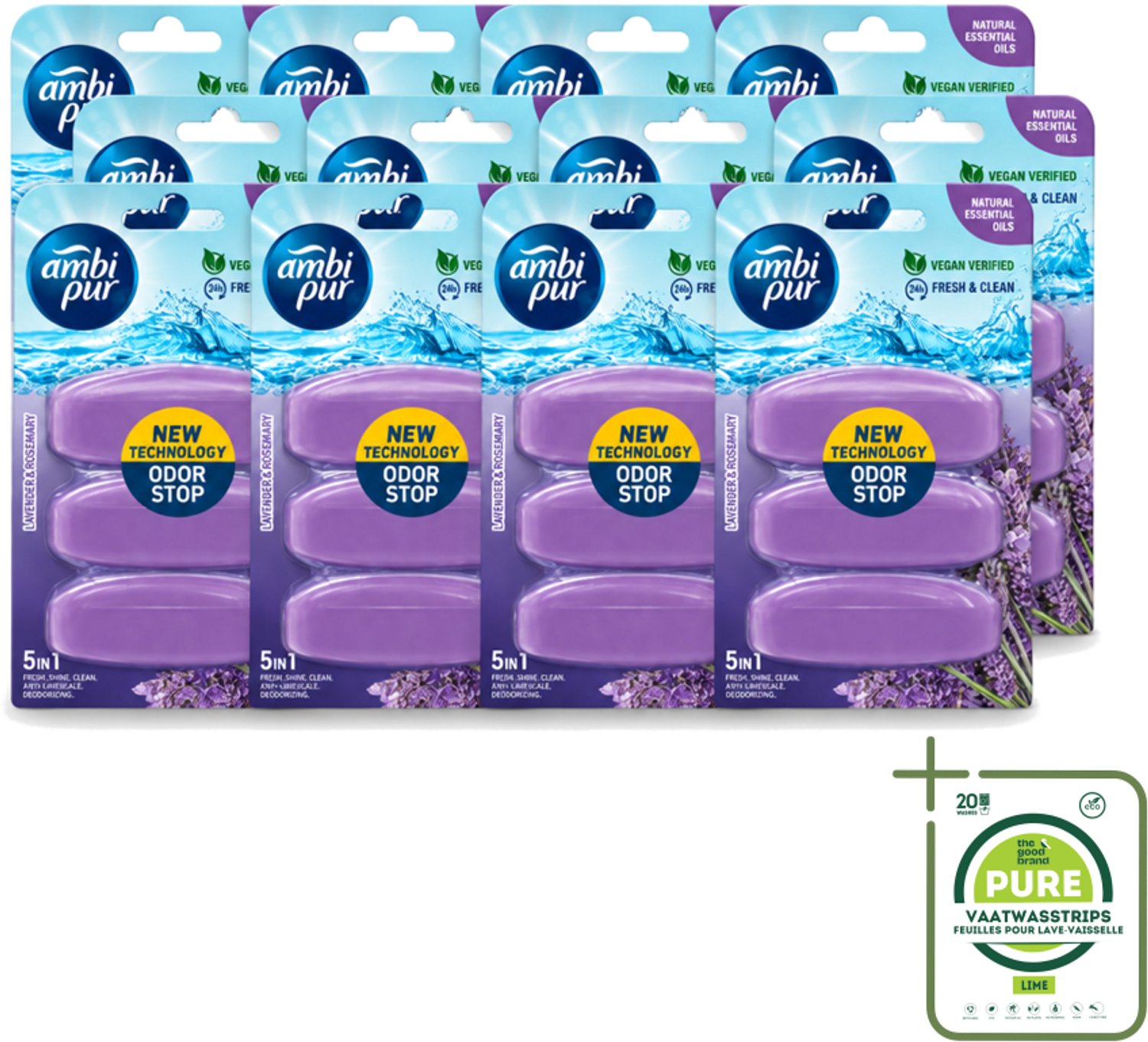 12 x Ambi Pur - Navulling Toiletblok - Lavendel & Rozemarijn - 3 Blokken - Grootverpakking - Vaatwasstrips - Toiletblok Navulling - Reinigingsvulling - Frisse Toiletomgeving - Lavendel En Rozemarijn - Hygiëne