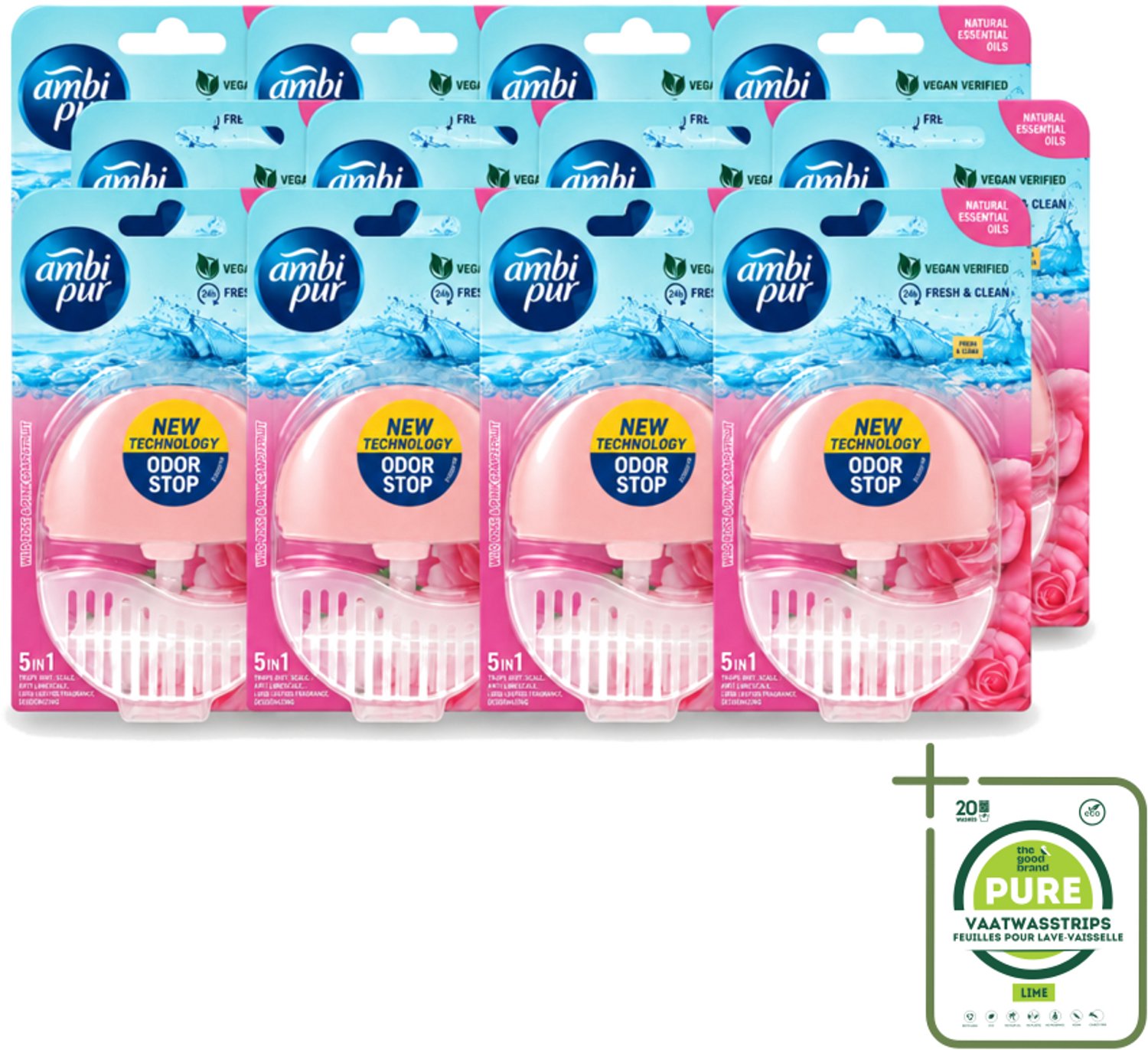 12 x Ambi Pur - Toiletblok - 5in1- Wilde Roos & Roze Grapefruit - 1 Blok - Grootverpakking - Vaatwasstrips - Toilet - Toiletblok - Frisheid - Super Shine - Anti-kalk