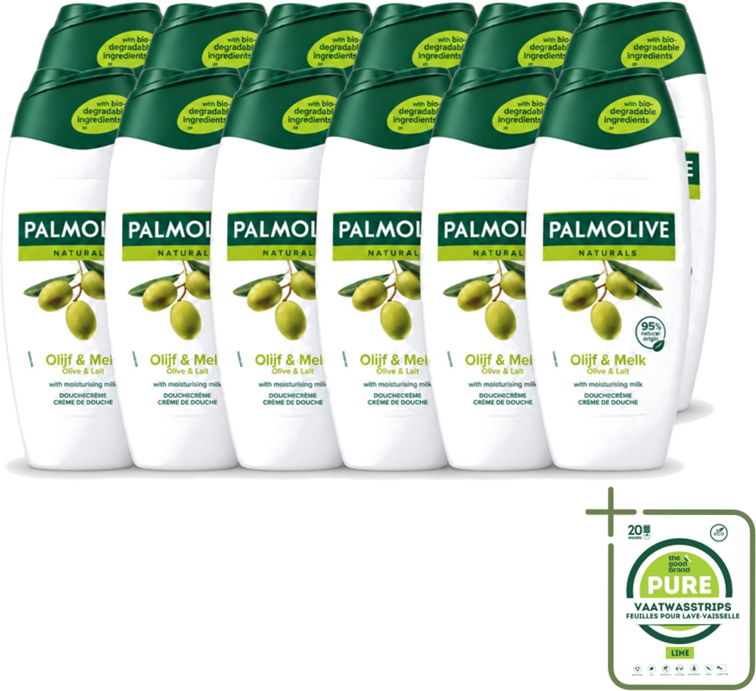 12 x Palmolive - Naturals - Douchecréme - Olijf & Melk - Natuurlijke ingrediënten - 250 ml - Grootverpakking - Vaatwasstrips - Douchecrème - Olijf En Melk - Natuurlijke Ingrediënten - Hydratatie - Huid Verzorging