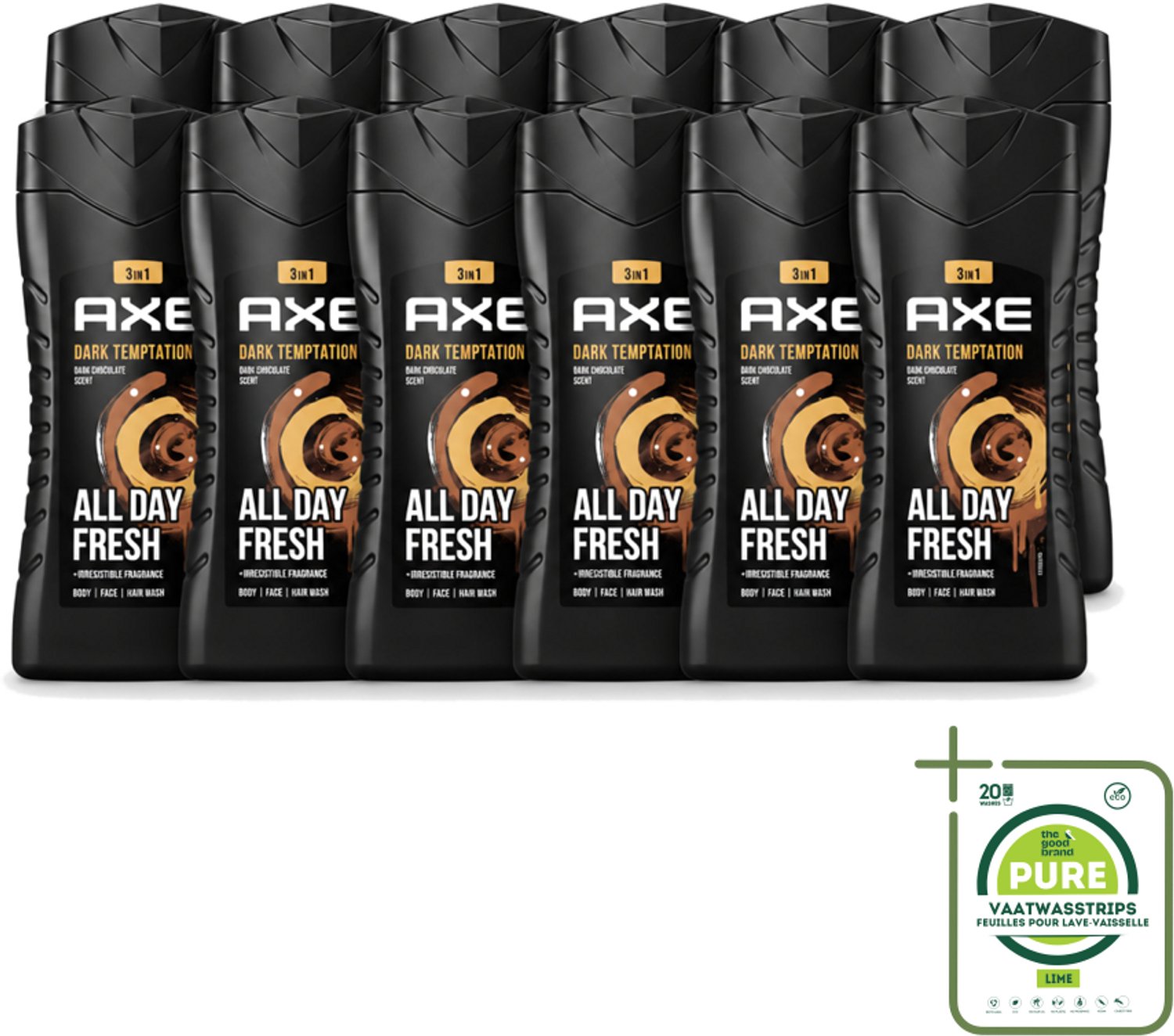 12 x Axe - 3-in-1 Douchegel - Dark Temptation - Dark Chocolate - 12hrs Long Lasting Scent - 250 ml - Grootverpakking - Vaatwasstrips - Douchegel - Geur - Lichaam - Gezicht - Haar