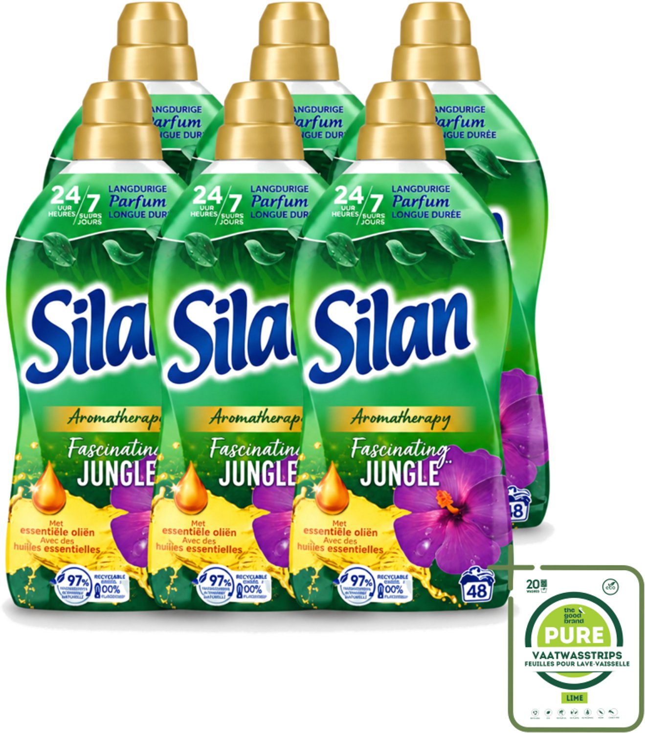 6 x Silan Aromatherapy - Wasverzachter - Fascinating Jungle - Essentiële Oliën en Langdurige Parfum - 48 Wasbeurten - 1.056L - Grootverpakking - Vaatwasstrips - Wasverzachter - Geur - Wasbeurt - Essentiële Oliën - Kleding Zachter Maken