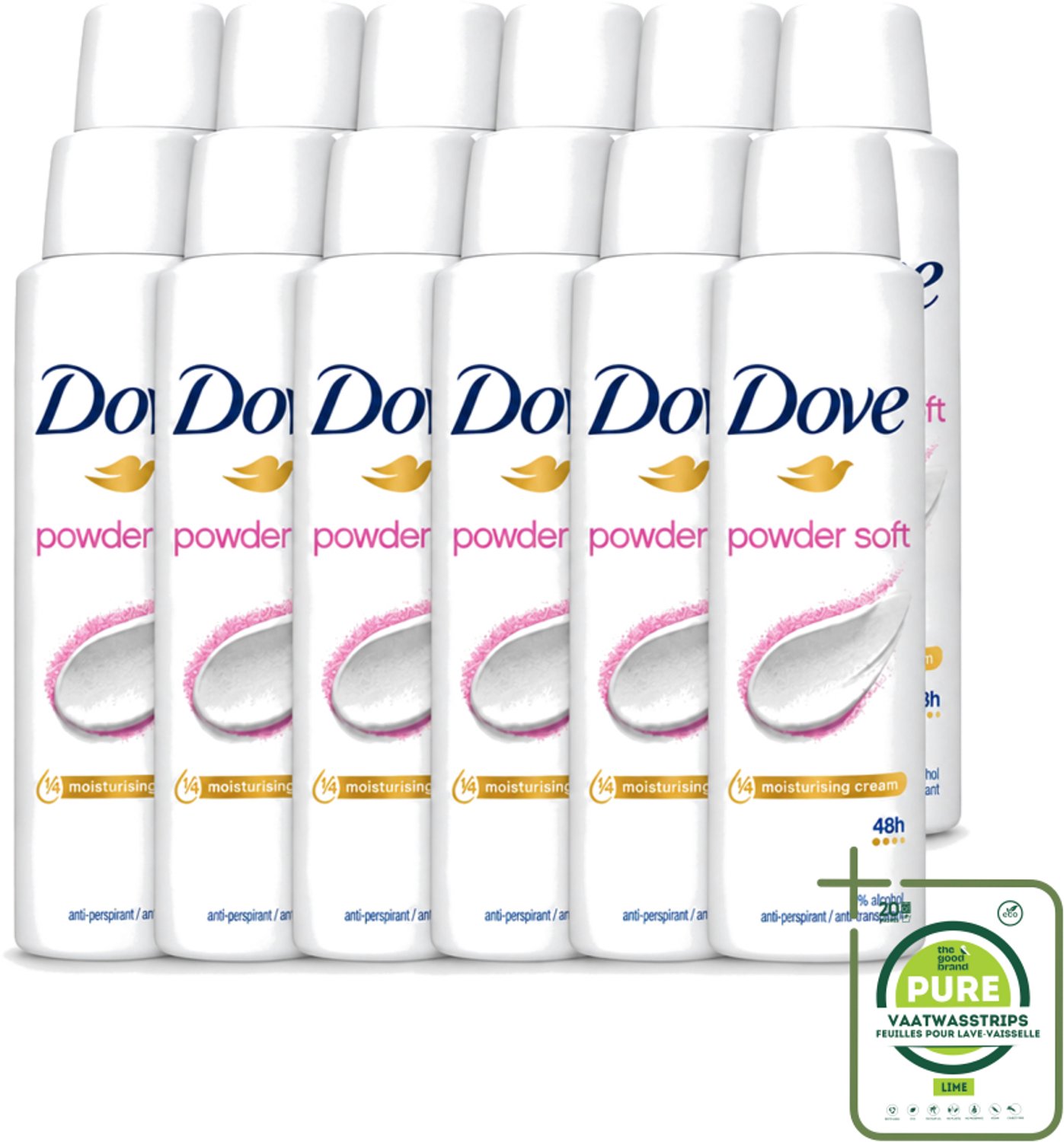 12 x Dove - Deospray - Powder Soft - 150 ml - Grootverpakking - Vaatwasstrips - Deodorant - Poeder - Oksels - Transpiratie - Geur