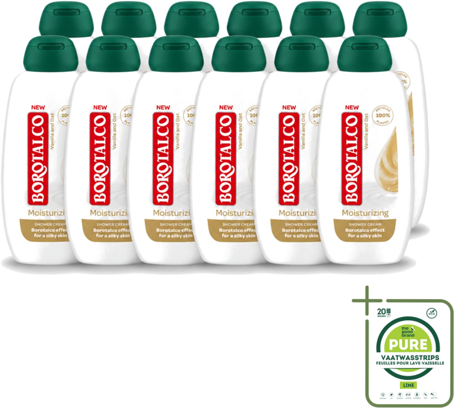12 x Borotalco - Douchegel - Moisturizing - Vanilla & Oat - 250 ml - Grootverpakking - Vaatwasstrips - Douchegel - Huid Verzorgen - Huid Hydrateren - Vanille Geur - Haver Extract