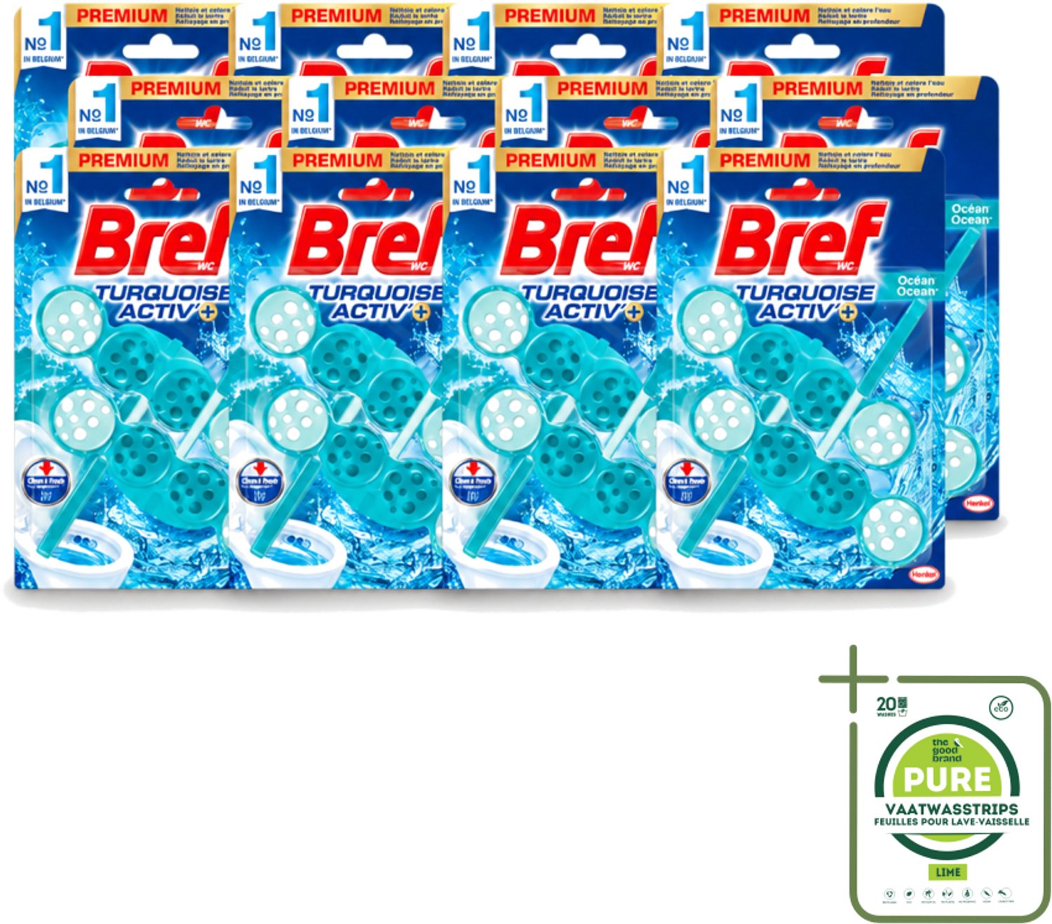 12 x Bref WC - Turquoise Activ+ - Toiletblok - Oceaan - 2 Blokken - Grootverpakking - Vaatwasstrips - Toilet - Toiletblok - Oceaanfrisheid - Reiniging - Anti-kalk