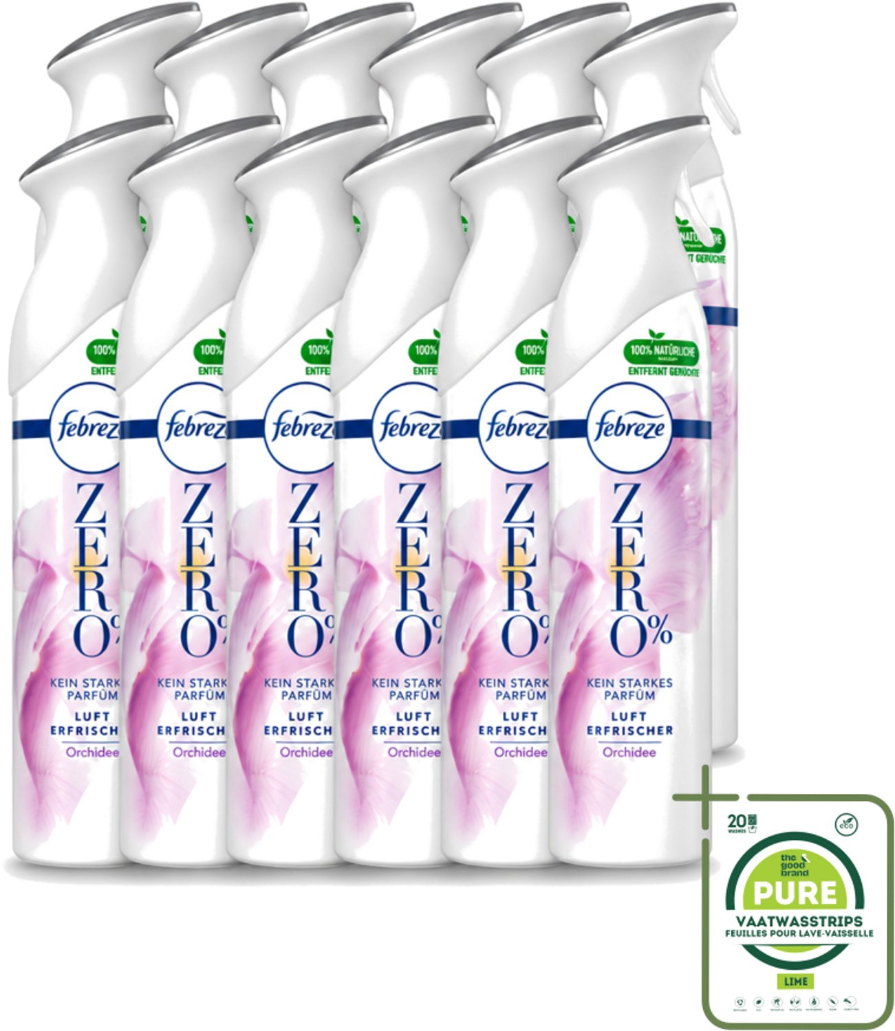 12 x Febreze Spray - Zero % - Orchidee - Luchtverfrisser - 300ml - Grootverpakking - Vaatwasstrips - Luchtverfrisser - Geuren Verwijderen - Orchidee Geur - Frisse Geur - Zero %