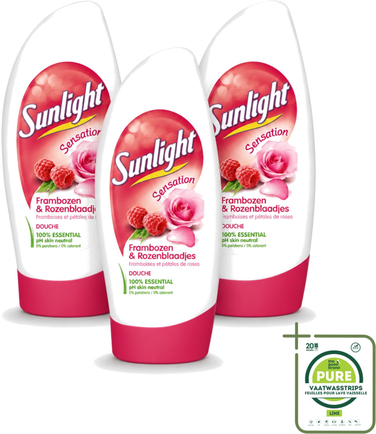 3 x Sunlight - Douchegel - PH Neutraal - Rozen En Frambozen - 250 ml - Grootverpakking - Vaatwasstrips - Douchegel - Zachte Reiniging - PH Neutraal - Roze Geur - Frambozen Geur