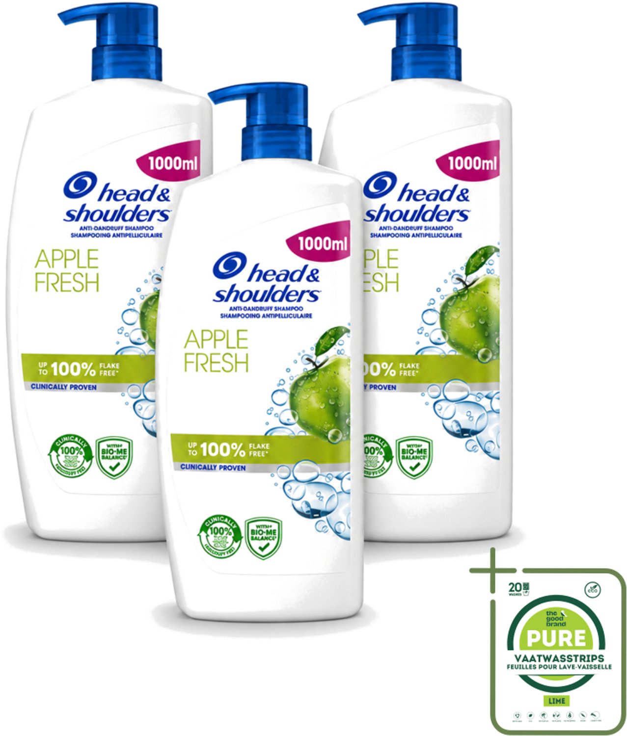 3 x Head & Shoulders - Anti-Roos Shampoo - Apple Fresh - Pompflacon - 1000 ml - Grootverpakking - Vaatwasstrips - Roosvrij Haar - Anti-roos Shampoo - Hoofdhuid Verzorging - Appelgeur Shampoo - Microbiome Balans
