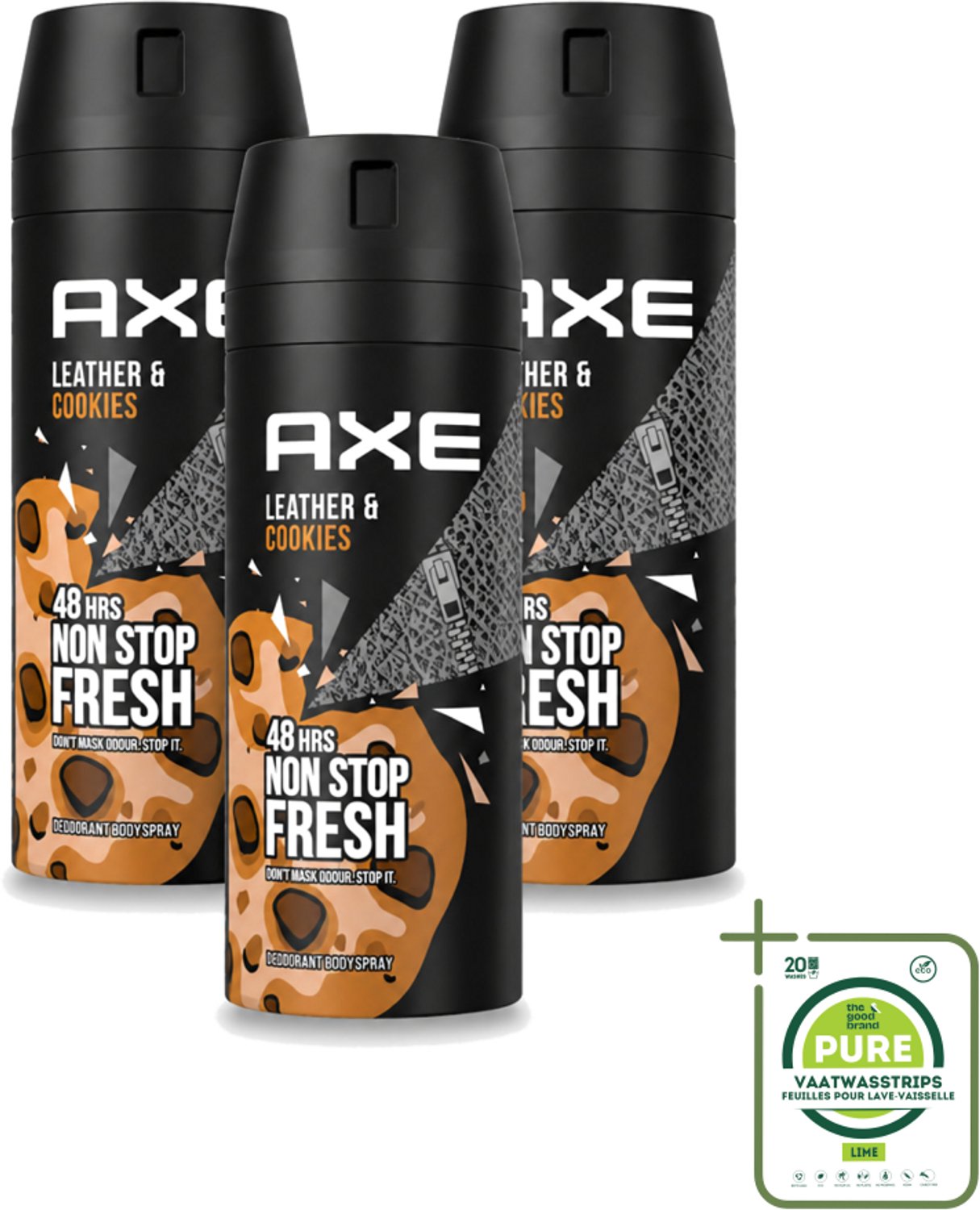 3 x Axe - Deodorant Bodyspray - 48hrs Fresh - Leather & Cookies - 150 ml - Grootverpakking - Vaatwasstrips - Deodorant - Bodyspray - 48 Uur Bescherming - Leer En Koekjes Geur - Zinktechnologie