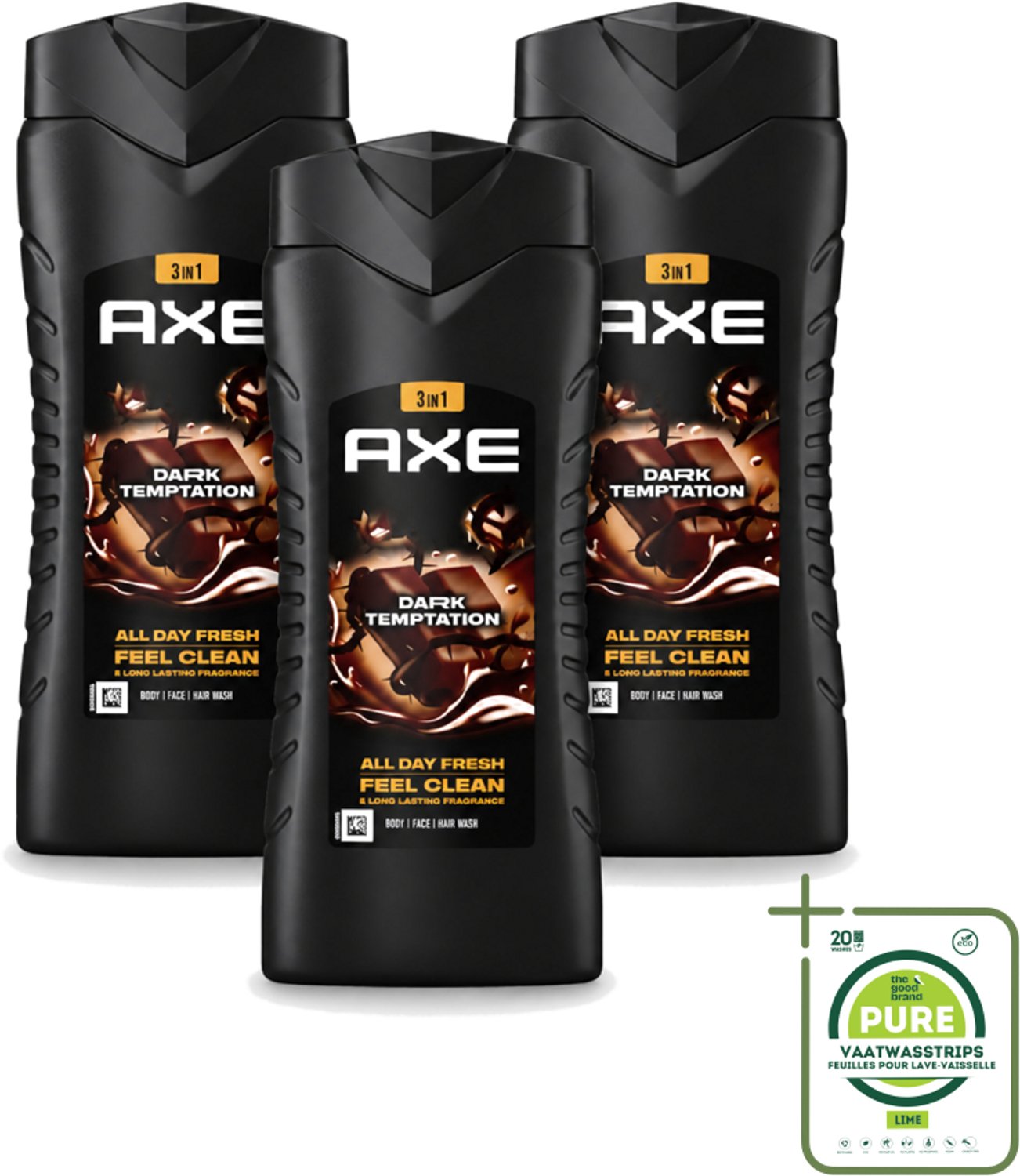3 x Axe XL - 3-in-1 Douchegel - Dark Temptation - Dark Chocolate - 12hrs Long Lasting Scent - 400 ml - Grootverpakking - Vaatwasstrips - Douchegel - Geur - Donkere Chocolade - Kruiden - 3-in-1