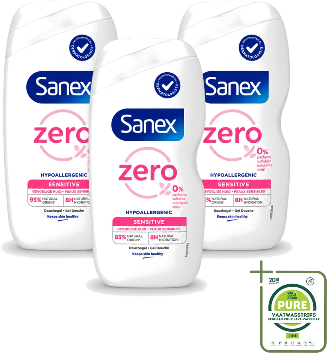 3 x Sanex Zero% - Douchegel - Gevoelige Huid - 0% Parfumsulfaten - Hypoallergeen - 400 ml - Grootverpakking - Vaatwasstrips - Gevoelige Huid - Hypoallergene Douchegel - 0% Parfum - 0% Sulfaten - Milde Reiniging