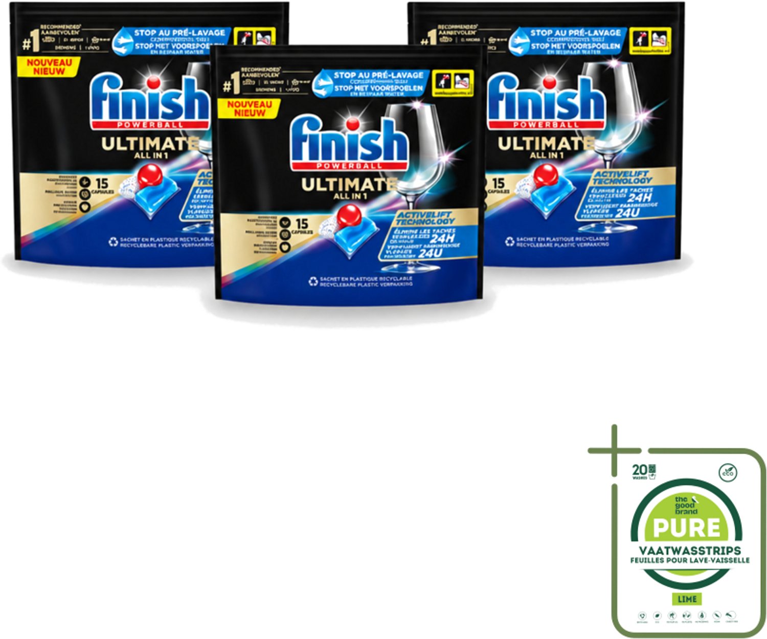 3 x Finish Powerball - Ultimate All in 1 - Vaatwastabletten - Activelift - 15 Capsules - Grootverpakking - Vaatwasstrips - Vaatwastabletten - Activelift - Reiniging - Glans - Vaatwassen