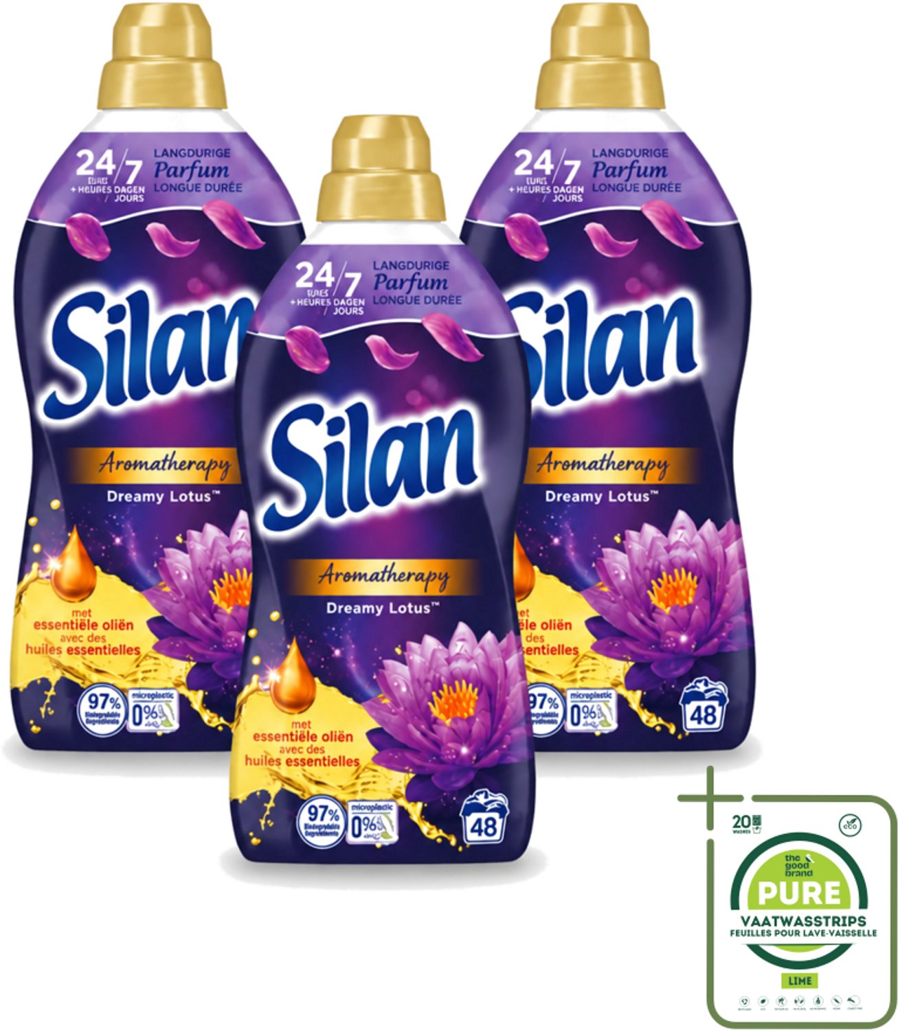 3 x Silan Aromatherapy - Wasverzachter - Dreamy Lotus - Essentiële Oliën en Langdurige Parfum - 48 Wasbeurten - 1.056L - Grootverpakking - Vaatwasstrips - Wasverzachter - Geur - Essentiële Oliën - Kleding Verzorgen - Wasmachine