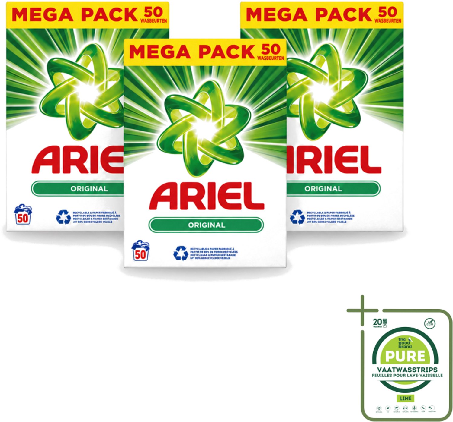 3 x Ariel Original - Waspoeder - Witte en Lichtgekleurde Was - 50 Wasbeurten - Grootverpakking - Vaatwasstrips - Waspoeder - Reiniging - Wasmachine - Energiebesparing - Milieuvriendelijk
