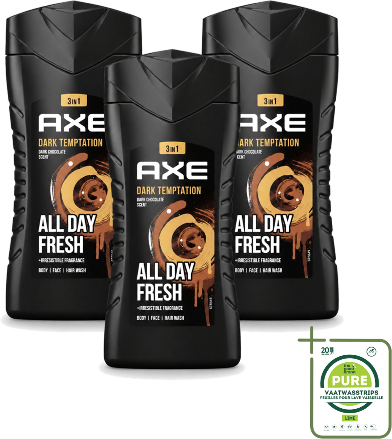 3 x Axe - 3-in-1 Douchegel - Dark Temptation - Dark Chocolate - 12hrs Long Lasting Scent - 250 ml - Grootverpakking - Vaatwasstrips - Douchegel - Geur - Lichaam - Gezicht - Haar