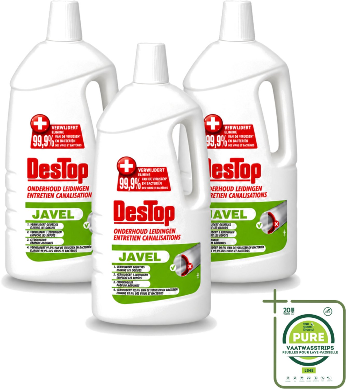 3 x DesTop - Onderhoud Leidingen - Javel - 4-in-1 Werking - Citroengeur - 1,5L - Grootverpakking - Vaatwasstrips - Leidingen Reinigen - Leidingen Onderhouden - Leidingen Schoon Houden - Leidingen Reinigingsmiddel - Citroengeur
