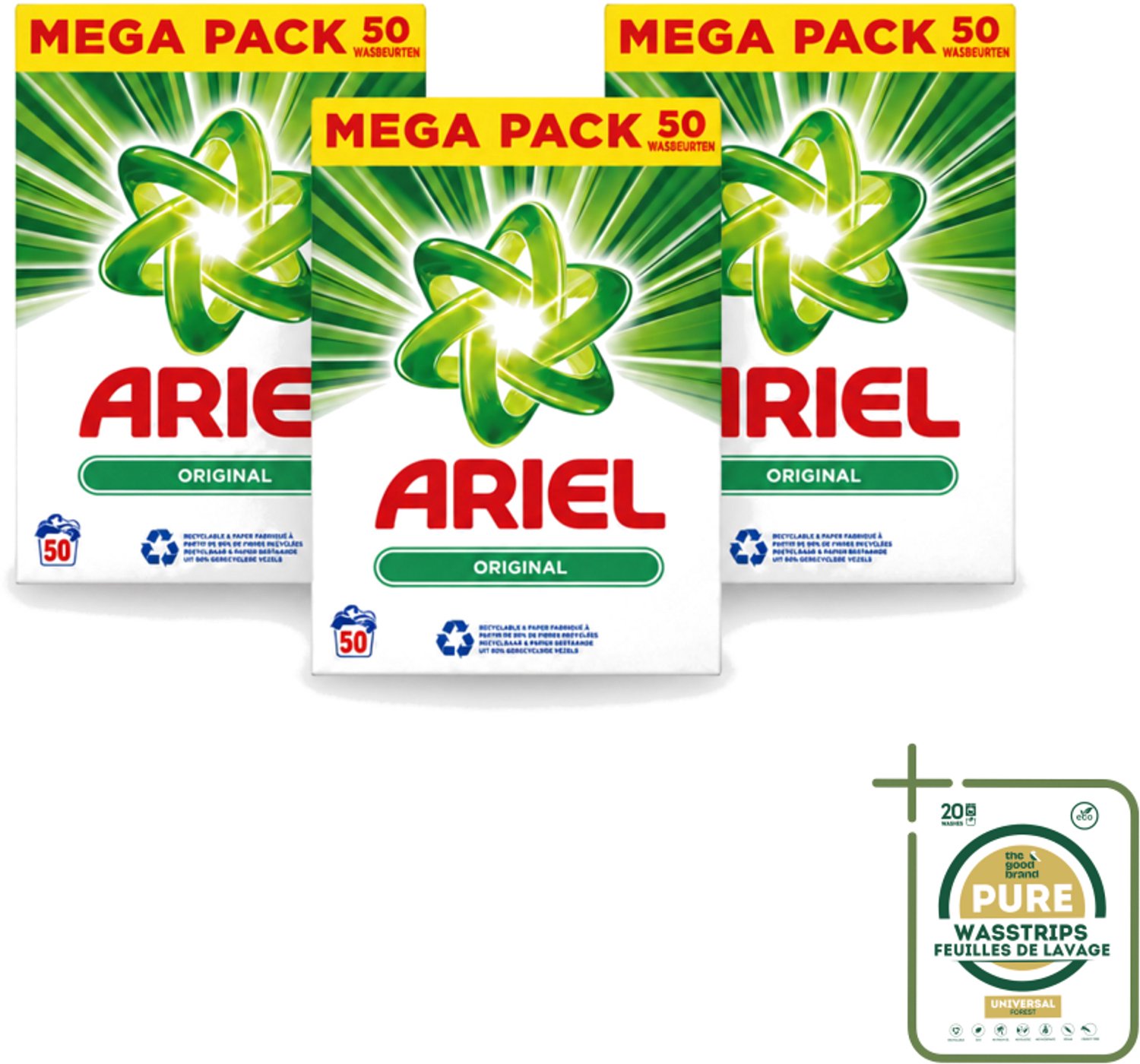3 x Ariel Original - Waspoeder - Witte en Lichtgekleurde Was - 50 Wasbeurten - Wasstrips - Waspoeder - Reiniging - Wasmachine - Energiebesparing - Milieuvriendelijk
