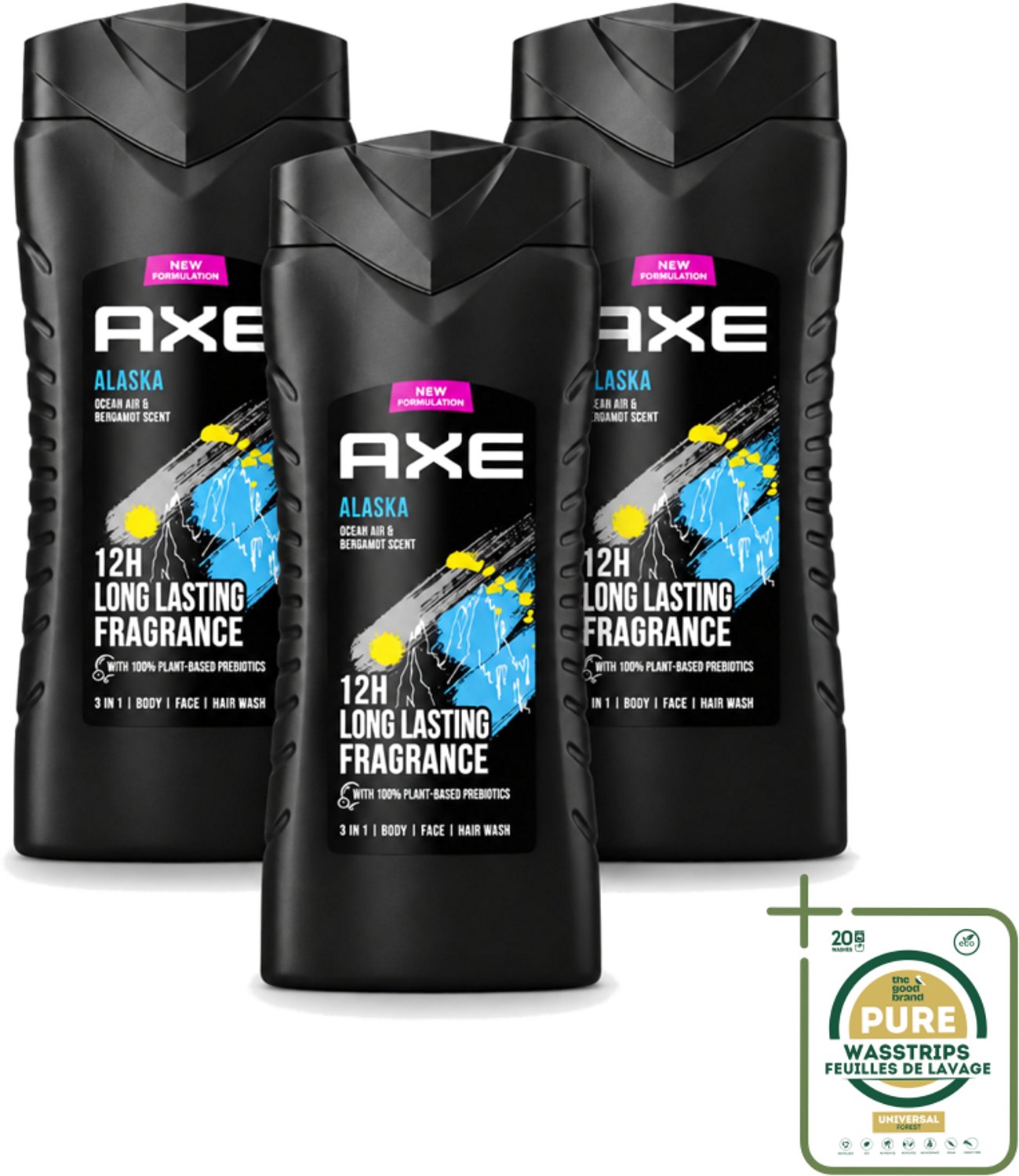 3 x Axe XL - 3-in-1 Douchegel - Alaska - Ocean Air & Bergamot - 12hrs Long Lasting Scent - 400 ml - Wasstrips - Douchegel - Oceaanlucht - Bergamot - Frisheid - 3-in-1