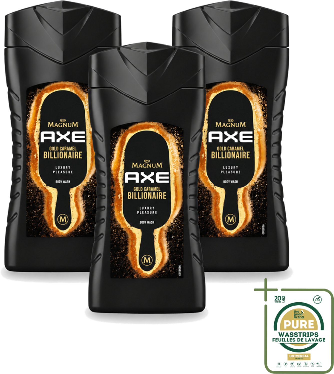 3 x Axe X Magnum - Douchegel - Gold Caramel Billionaire - 250 ml - Wasstrips - Douchegel - Lichaam - Gezicht - Haar - Chocolade