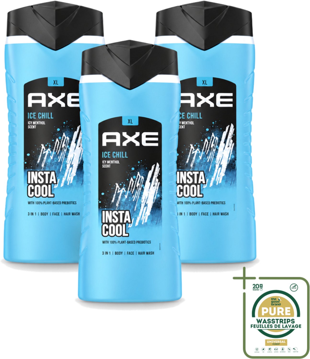 3 x Axe XL - 3-in-1 Douchegel - Ice Chill - Icy Menthol - Insta Cool - 400 ml - Wasstrips - Douchegel - Frisheid - Bevroren Munt - Citroen - 3-in-1