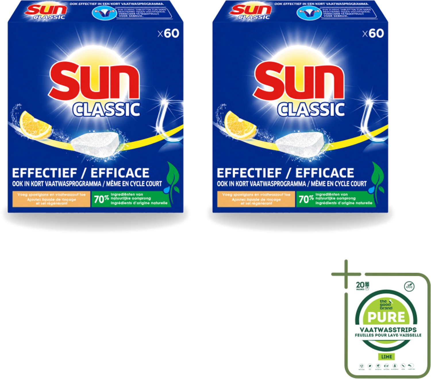 2 x Sun Classic - Vaatwastabletten - Voordeelverpakking - Citroen - 60 Tabletten - Grootverpakking - Vaatwasstrips - Vaatwastabletten - Citroengeur - Vaatwasser - Fosfaatvrije - Milieuvriendelijk