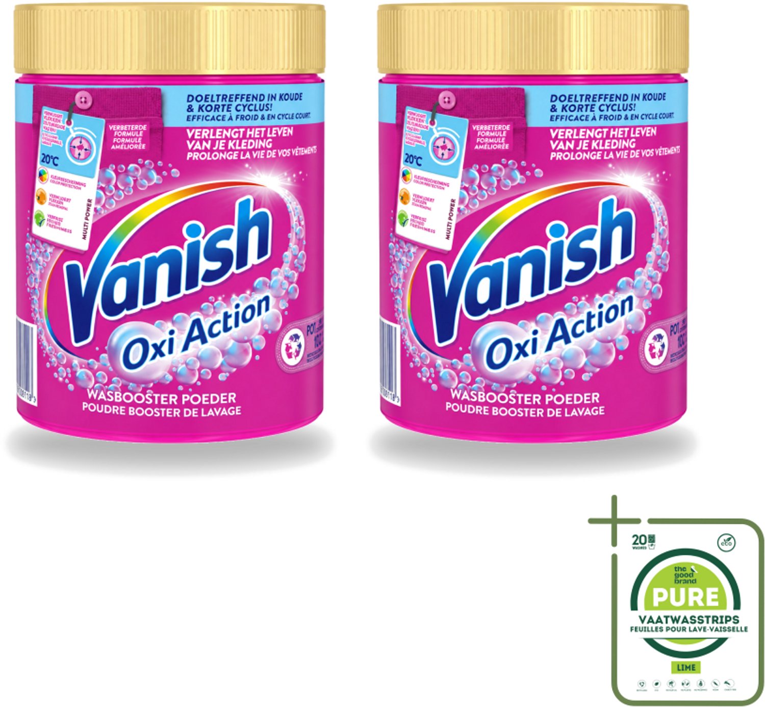 2 x Vanish Oxi Action - Vlekkenverwijderaar Poeder - Gekleurde Was - 1 Kg - Grootverpakking - Vaatwasstrips - Vlekkenverwijderaar - Wasbooster - Kleuroverdracht - Geurneutraliseren - Hygiëne