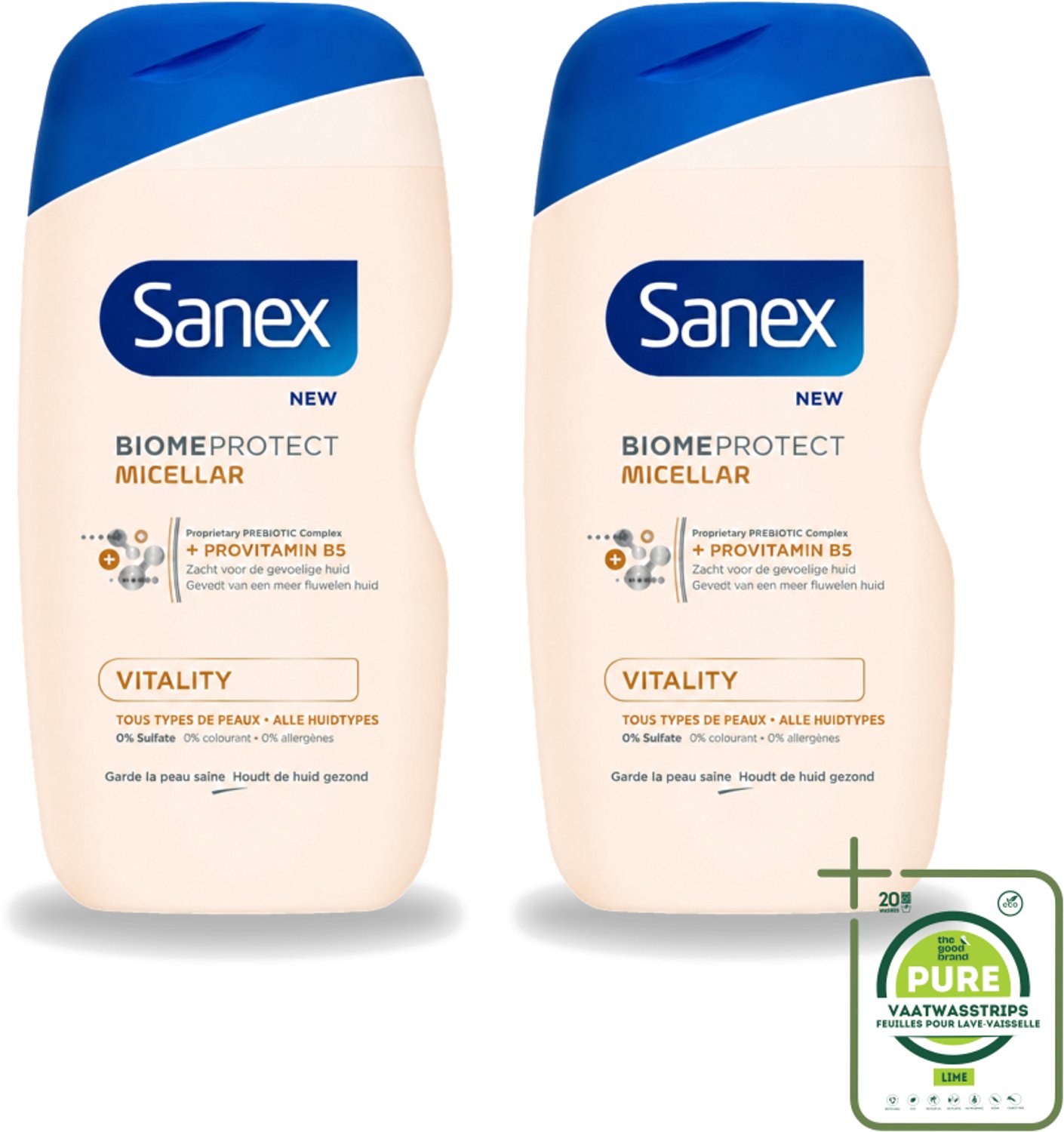 2 x Sanex - BiomeProtect Micellair - Douchegel - Vitaliteit - 0% Sulfaat - Alle Huidtypes - 400 ml - Grootverpakking - Vaatwasstrips - Huid Reinigen - Micellaire Douchegel - 0% Sulfaten - Huidbarrière - Huid Vitaliteit