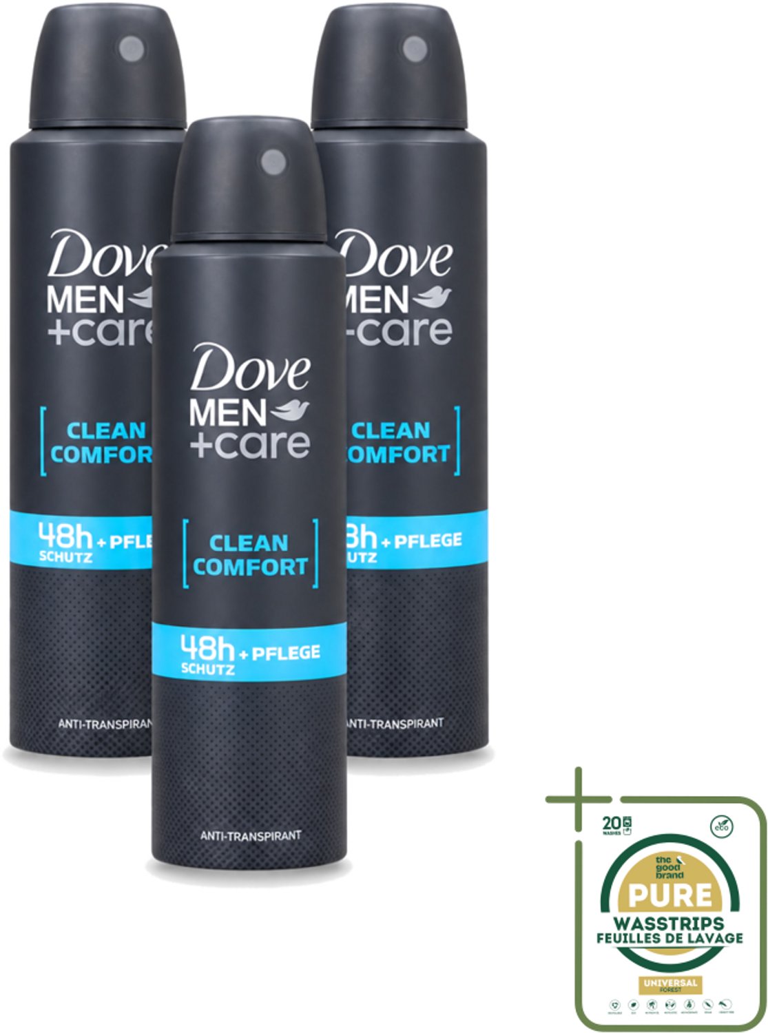 3 x Dove Men+Care - Clean Comfort - Deospray - Anti-Transpirant - 150 ml - Wasstrips - Dove Men+Care - Deospray - Frisheid - Transpiratie - Huidbescherming