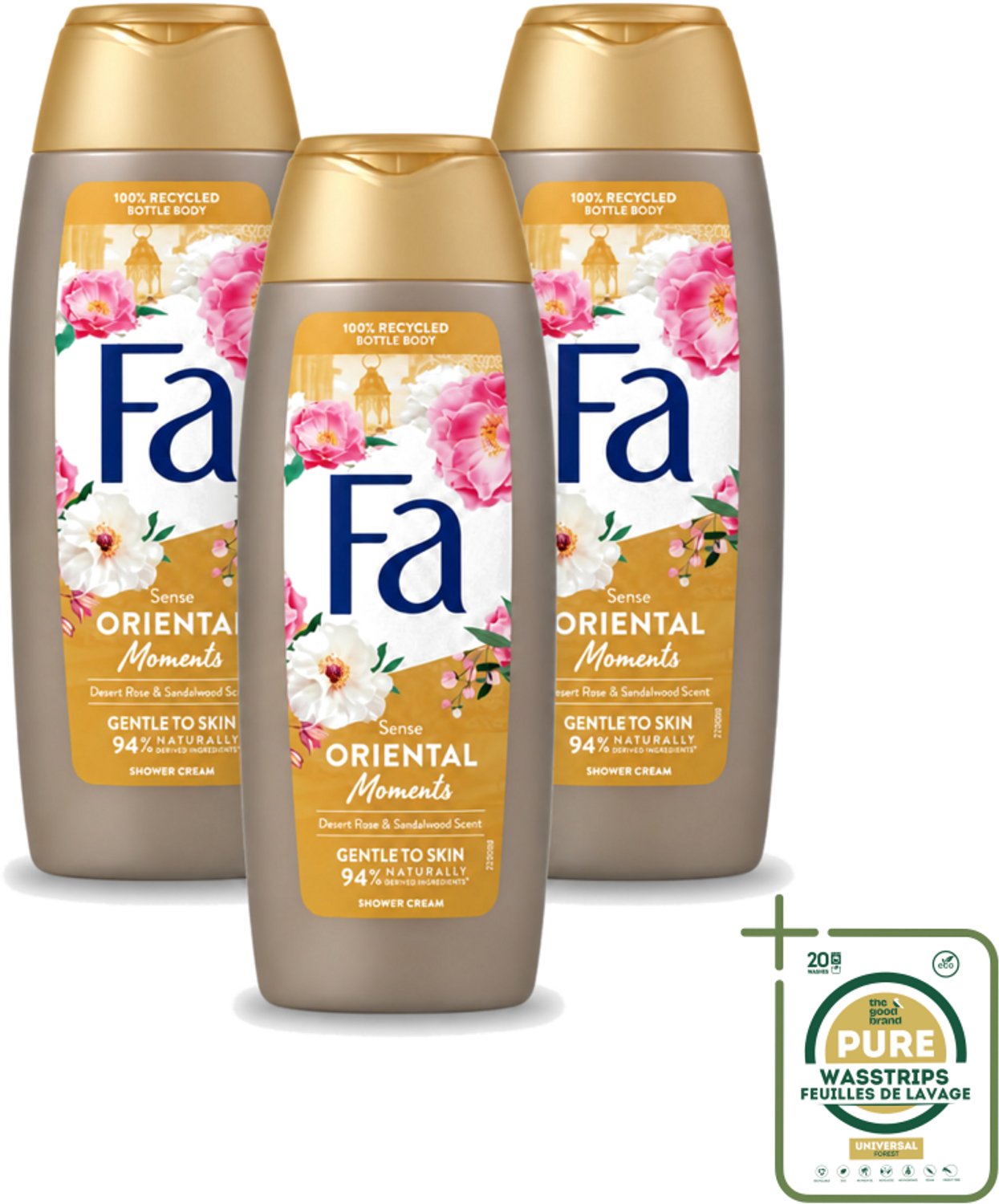 3 x Fa - Oriental Moments - Douchecrème - Woestijnroos & Sandelhout - 250 ml - Wasstrips - Douchecrème - Woestijnroos - Sandelhout - Geur - Huidverzorging