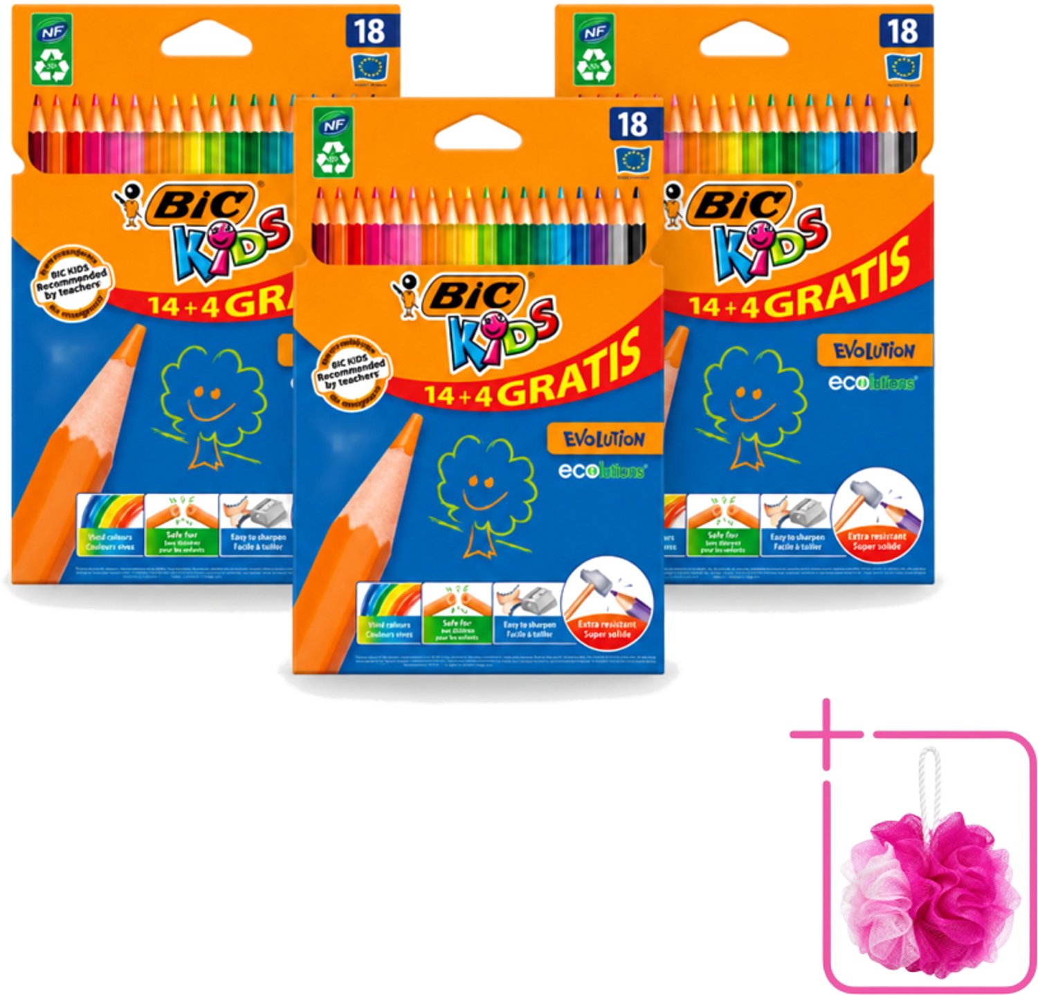 3 x Bic Kids - Kleurpotloden - Diverse Kleuren - Eco - Evolution - 18 Potloden - Bulkverpakking - Kleurpotloden voor kinderen - Douchemop - Kleurpotloden eco
