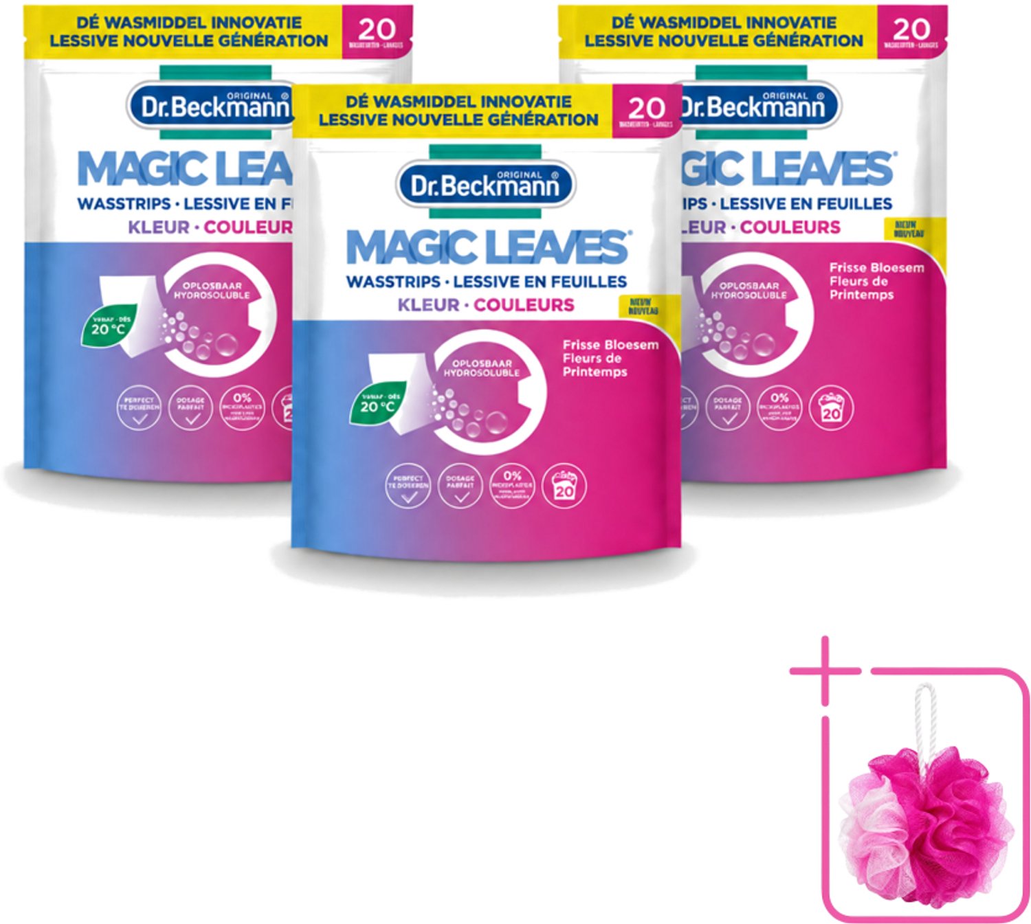3 x Dr. Beckmann - Magic Leaves - Wasstrips - Gekleurde Was - Frisse Bloesem - 20 Wasbeurten - Bulkverpakking - Wasstrips - Douchemop - Gekleurde was