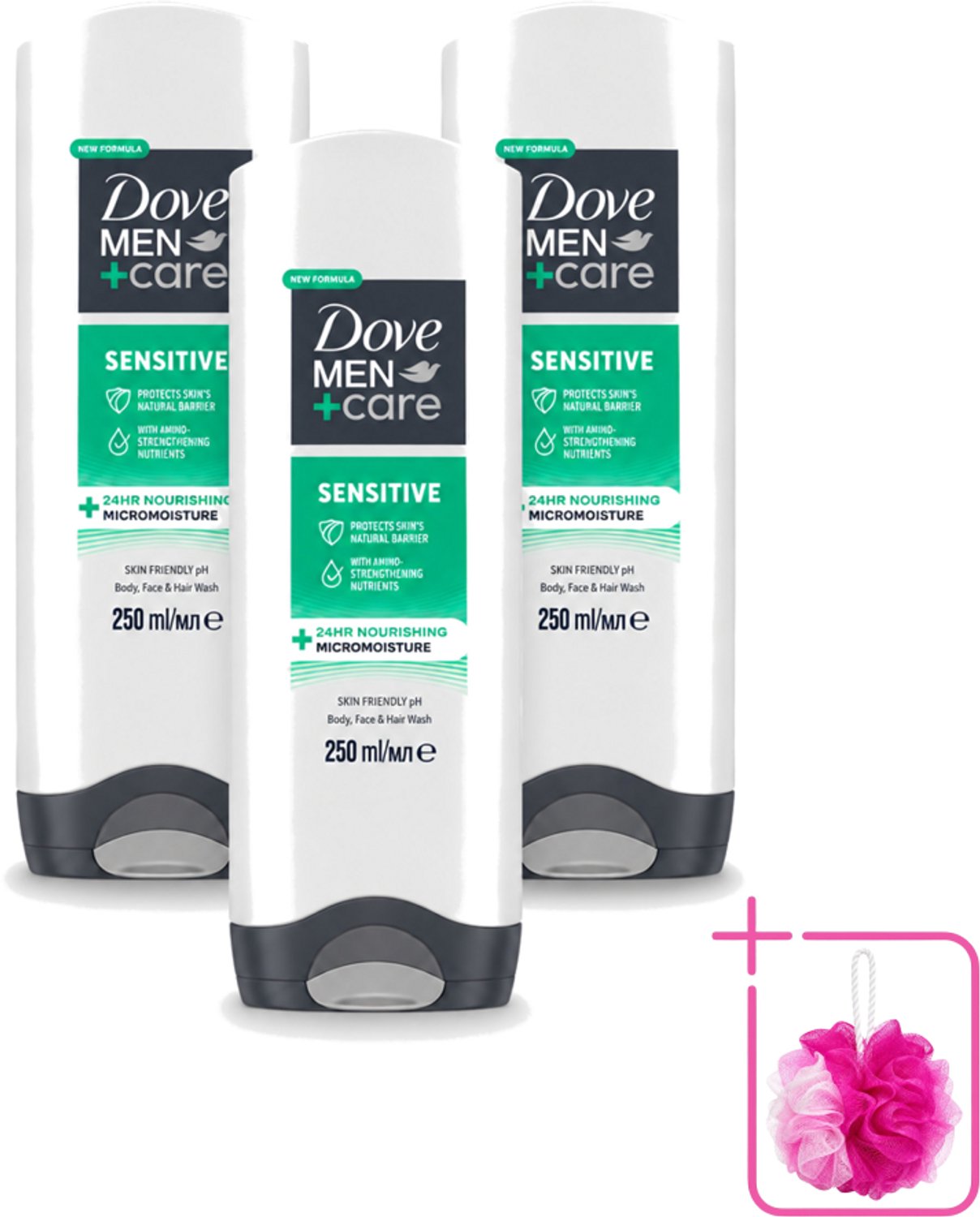 3 x Dove Men+Care - Sensitive - Douchegel 3-in-1 - Verzorgend - 250 ml - Bulkverpakking - Gevoelige huid - Douchemop - Lichaamsgel