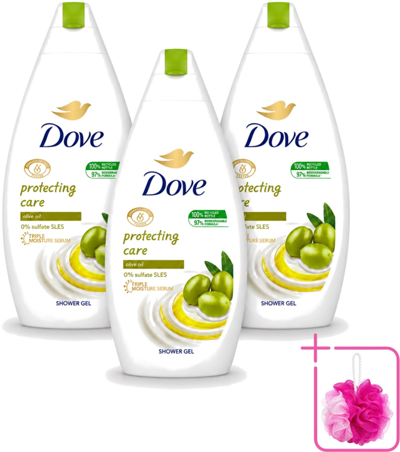 3 x Dove Protecting Care - Douchegel - Olijfolie - Sulfaatvrij - 450 ml - Bulkverpakking - Douchegel - Douchemop - Olijfolie