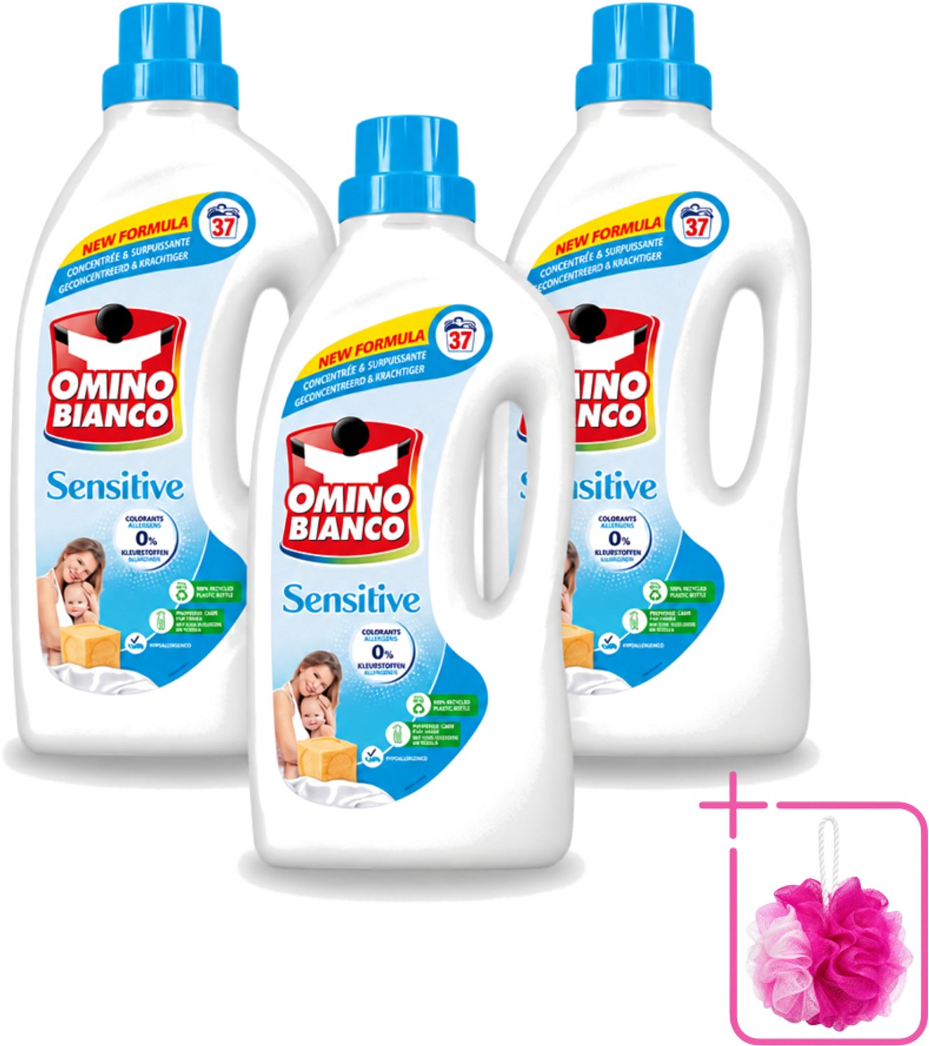 3 x Omino Bianco - Gevoelig - Wasmiddel - Witte & Gekleurde Was - 37 Wasbeurten - Bulkverpakking - Gevoelige huid - Douchemop - Hypoallergene wasmiddel