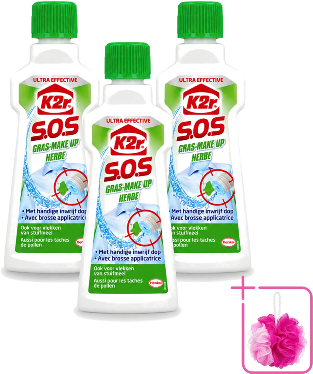 3 x K2R - SOS Vlekverwijderaar - Gras & Make-up - 50ml - Bulkverpakking - Vlekverwijderaar - Douchemop - Grasvlek