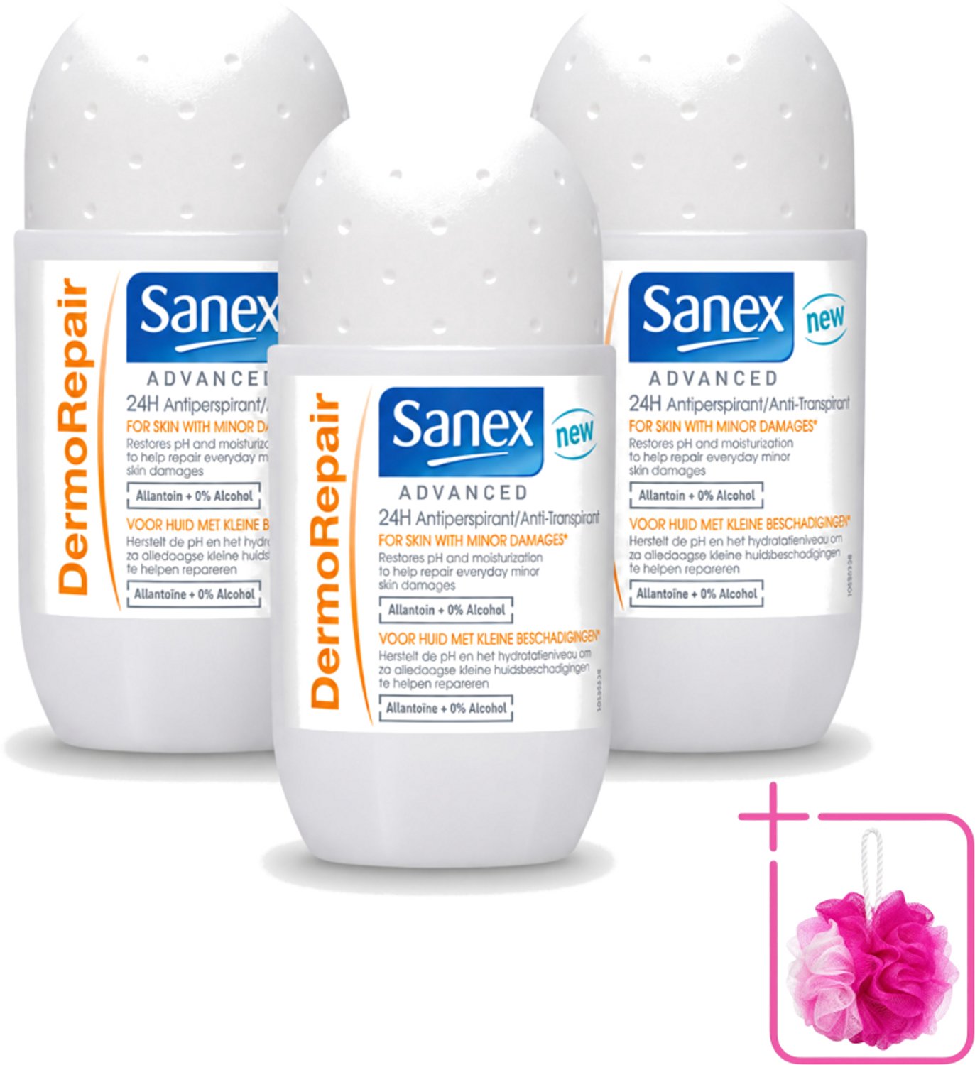 3 x Sanex Advanced - Dermo Repair - Deodorant Roller - 24h Anti-Transpirant - 0% Alcohol - 50 ml - Bulkverpakking - 24h anti-transpirant - Douchemop - Huidherstel