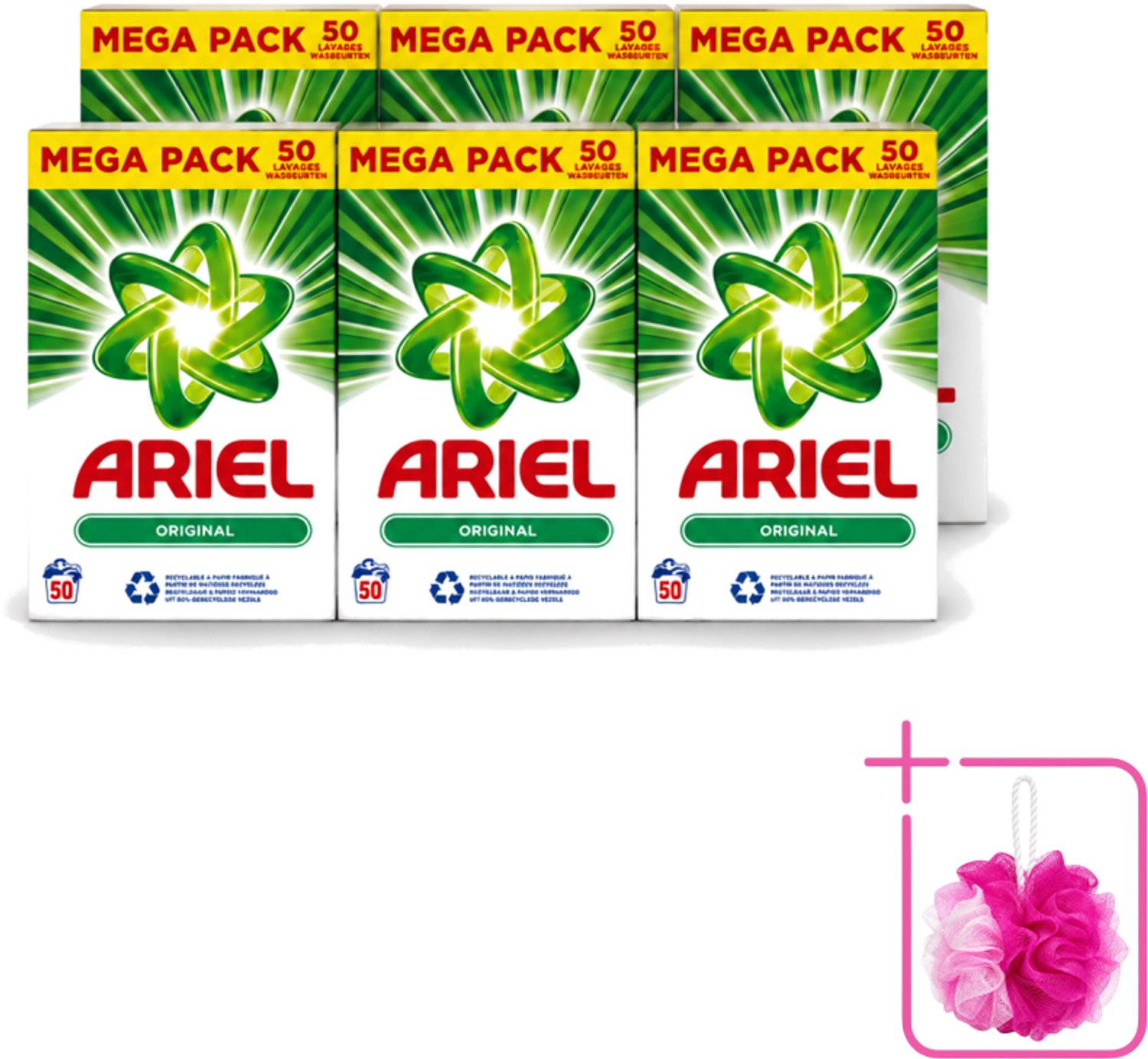 6 x Ariel Original - Waspoeder - Witte en Lichtgekleurde Was - 50 Wasbeurten - Bulkverpakking - Waspoeder - Douchemop - Reiniging