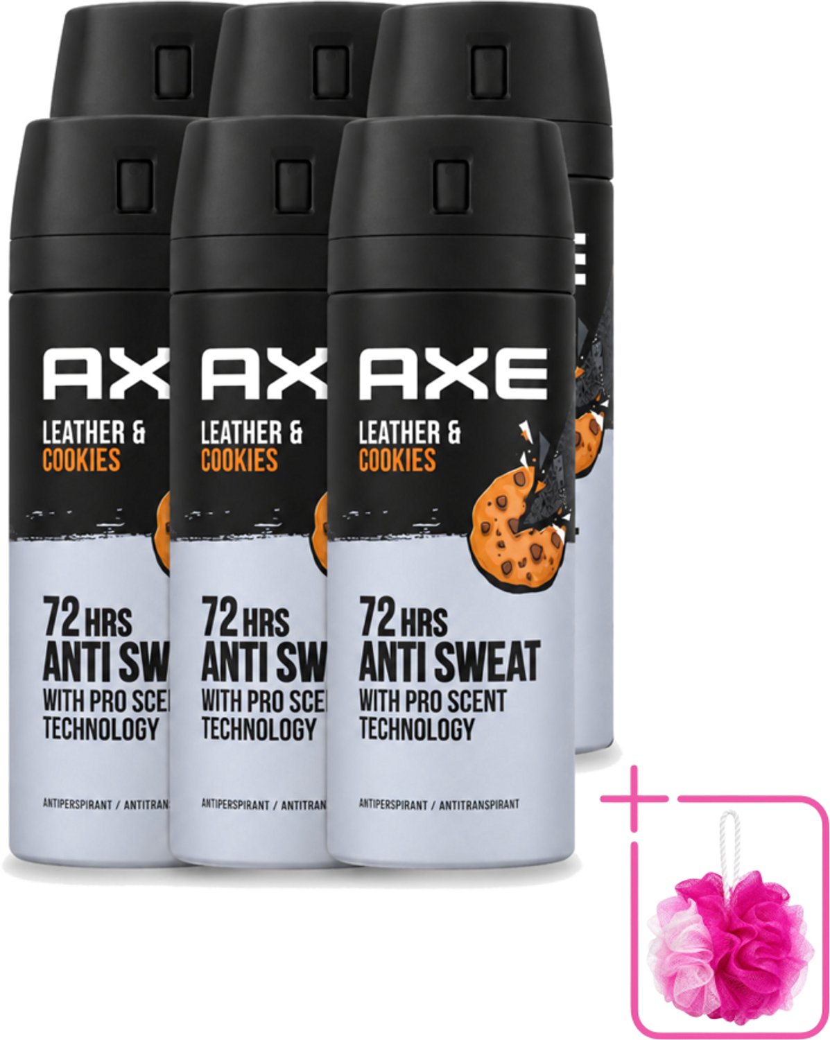 6 x Axe - Deodorant Spray - 72hrs Anti Sweat - Leather & Cookies - 150 ml - Bulkverpakking - 72 uur anti zweet - Douchemop - Deodorant spray