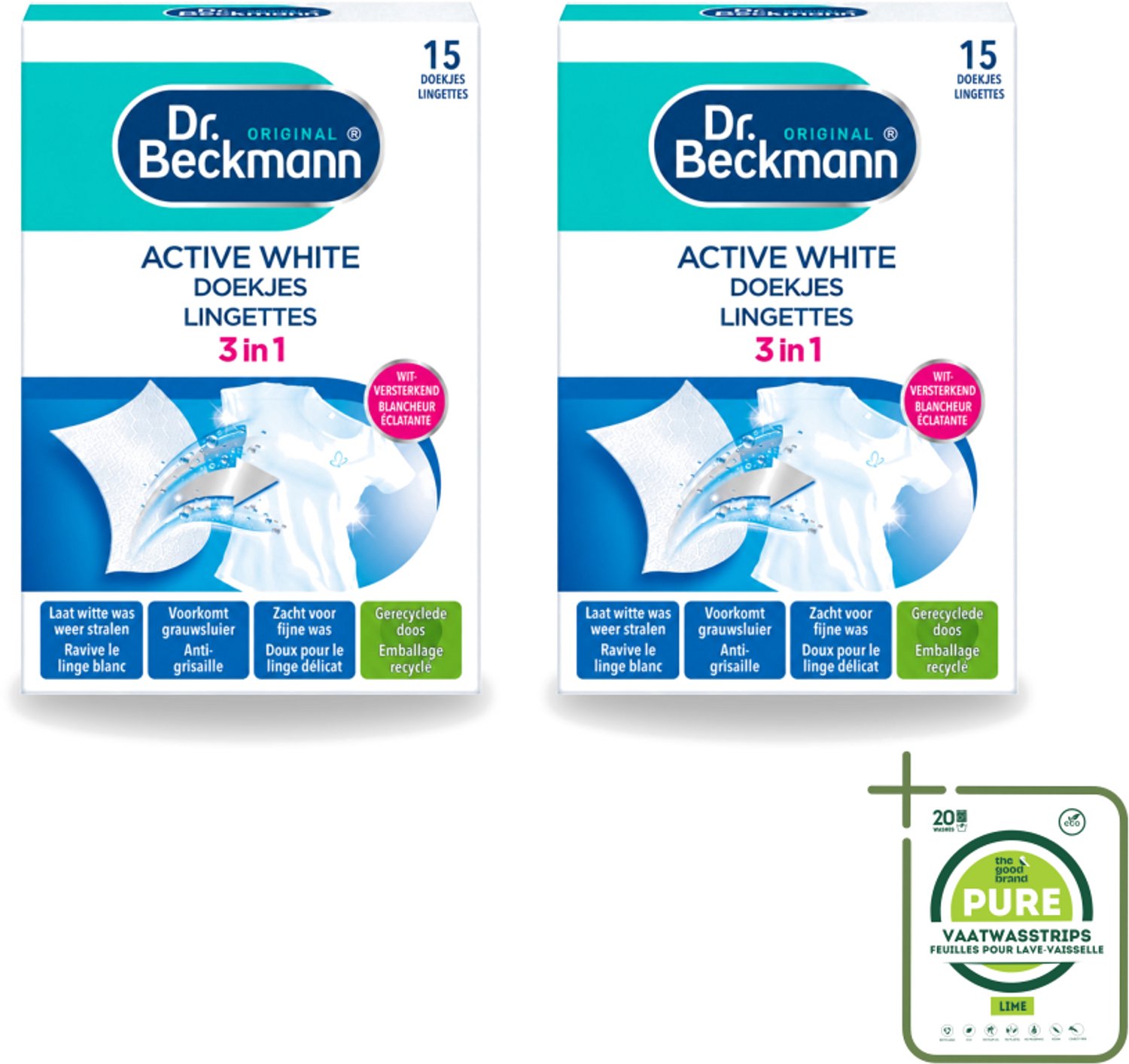 2 x Dr. Beckmann - Kleurverzorging - Active White - Witte Was - 15 Doekjes - Grootverpakking - Vaatwasstrips - Witwas - Grauwsluier Verwijderen - Witte Was Herstellen - Actieve Witmaker - Was Reinigen