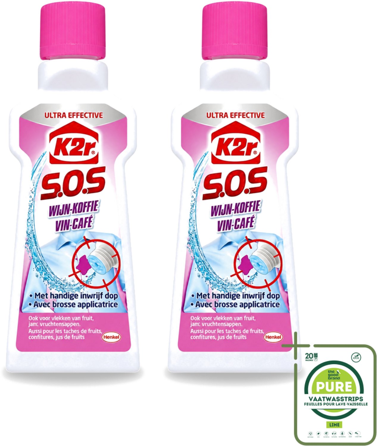 2 x K2R - SOS Vlekverwijderaar - Wijn & Koffie - 50ml - Grootverpakking - Vaatwasstrips - Wijnvlek Verwijderen - Koffievlek Verwijderen - Textiel Reinigen - Vlekverwijderaar - Vlekken Op Textiel