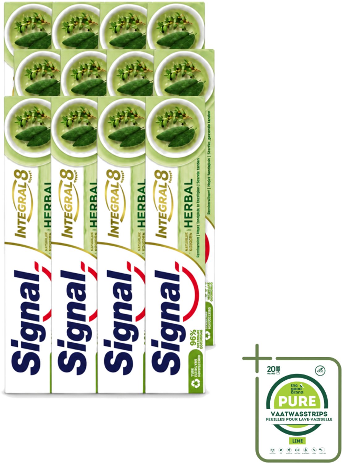 12 x Signal - Integral & Actions - Tandpasta - Natuurlijke Kruiden - Gerecyclede Verpakking - 75 ml - Grootverpakking - Vaatwasstrips - Tandpasta - Natuurlijke Kruiden - Fluoride - Tandbederf - Tandplak