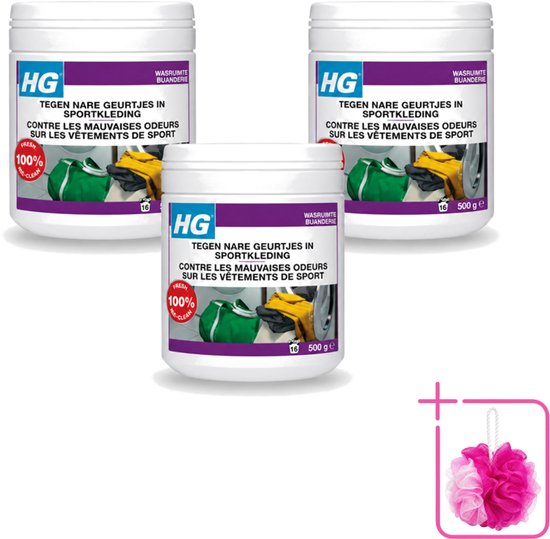 Drie potten HG geurverwijderaar voor sportkleding met 500g inhoud en een roze-witte douche-spons.