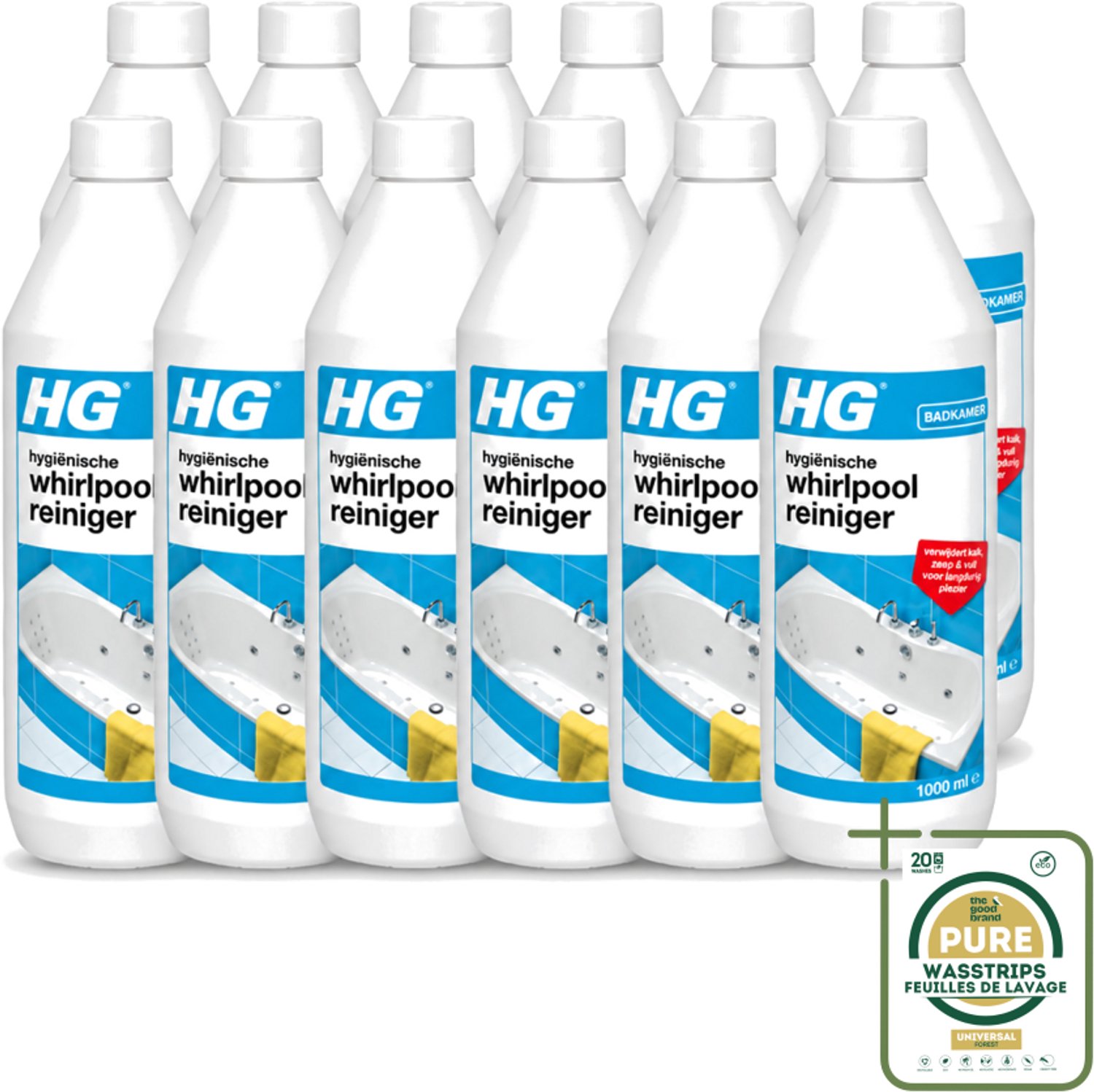 12 x HG - Badkamer - Hygiënische Whirlpoolreiniger - Verwijdert Kalk, Zeep & Vuil - 1L - Wasstrips - Whirlpool Reinigen - Kalk Verwijderen - Zeep Verwijderen - Hygiëne Whirlpool - Whirlpool Schoonmaken