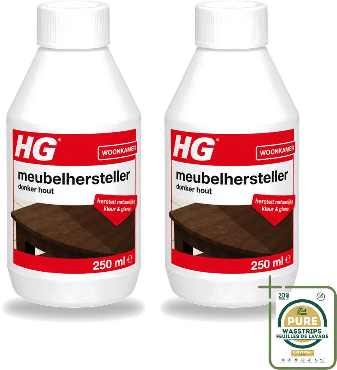 2 x HG - Meubelhersteller - Donker Hout - Herstelt Natuurlijke Kleur & Glans - 250 ml - Wasstrips - Meubelhersteller - Donker Hout - Herstel Krassen - Herstel Vlekken - Herstel Waterkringen