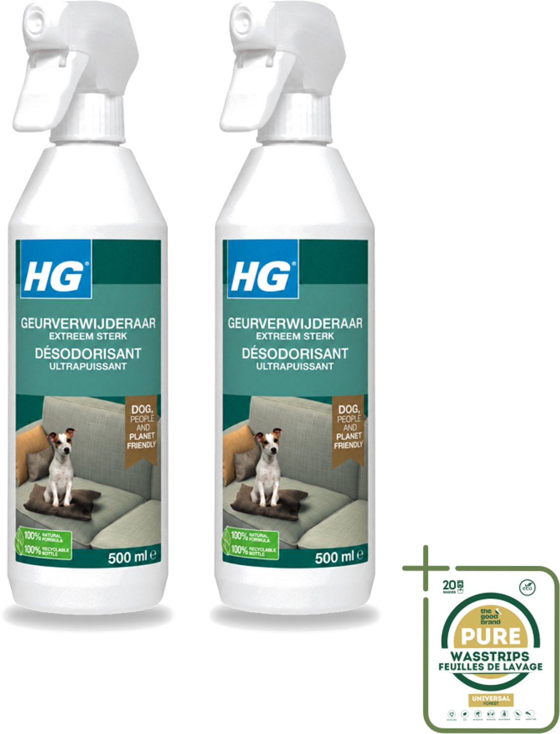 2 x HG - Geurverwijderaar Hond Spray - Extreem Sterk - Werkt Binnen 30 Minuten - 100% Biologisch - 500 ml - Wasstrips - Geurverwijderaar Hond - Hond Geur - Geur Neutraliseren - Geur In Huis - Geur In Auto